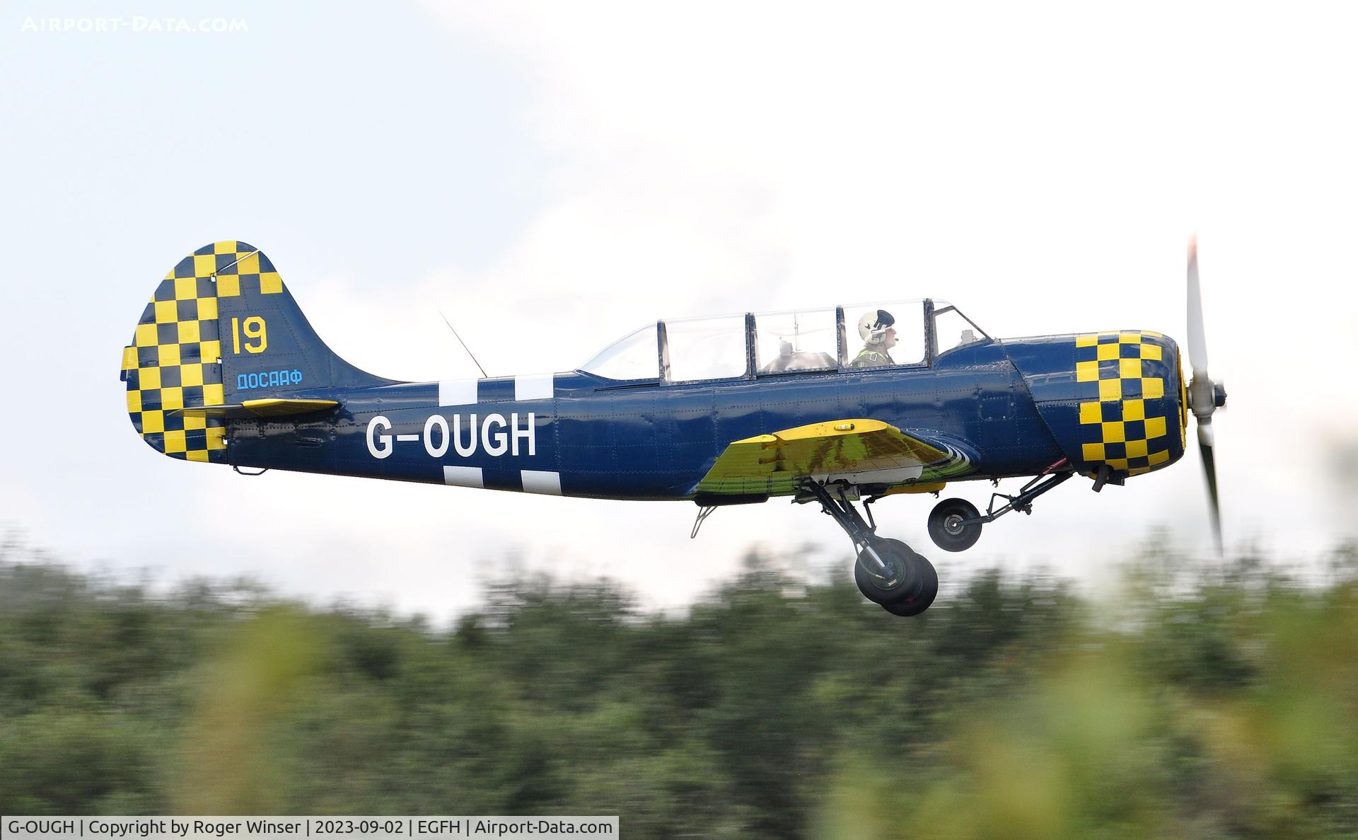 G-OUGH, 1987 Bacau Yak-52 C/N 877404, Resident Yak-52 departing Runway 04.