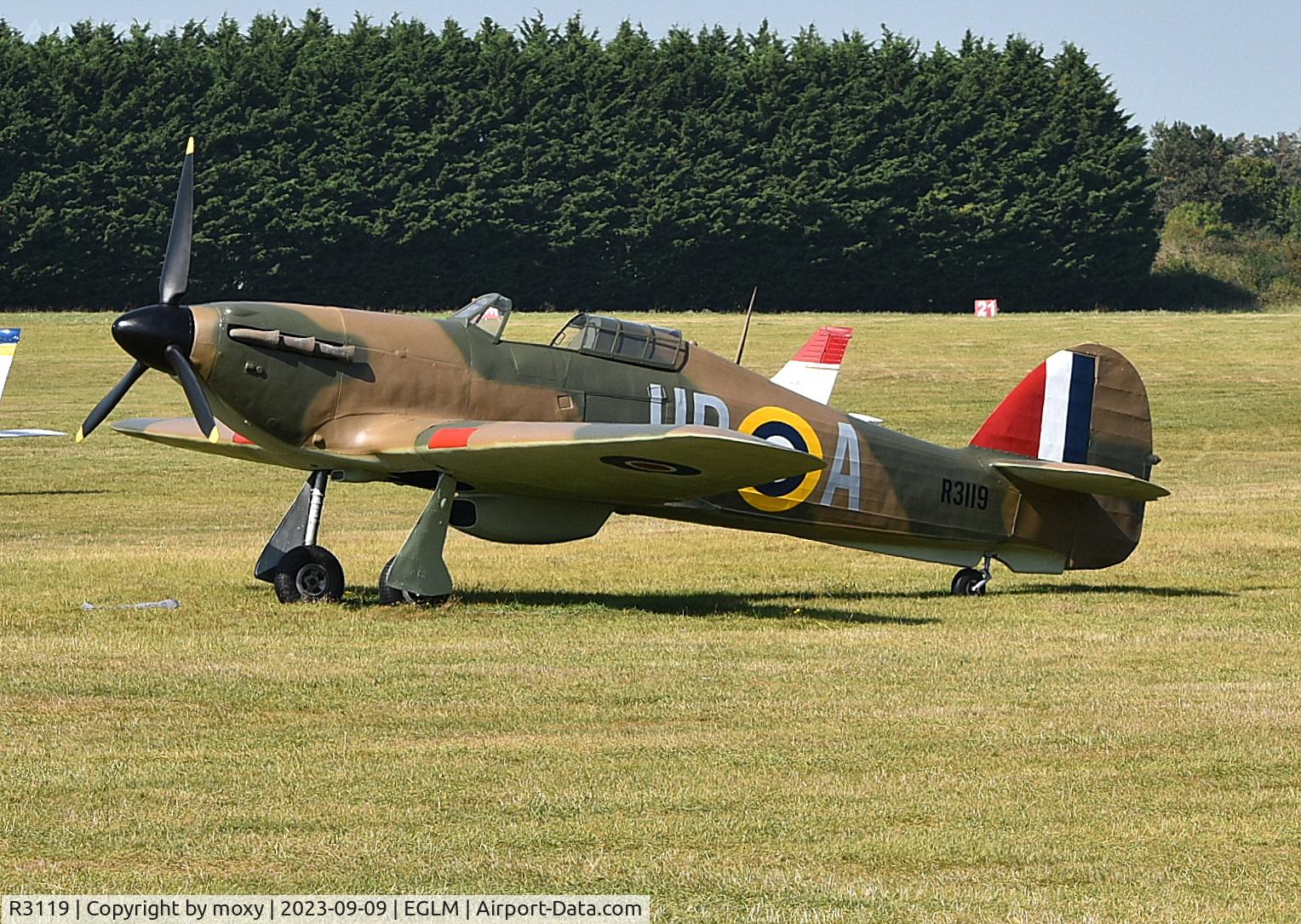 R3119, Hawker Hurricane C/N 0000, (REPLICA), Hawker Hurricane at White Waltham. This RAF serial was allocated to a cancelled order of Bristol Blenheim Mk IV aircraft to be built by Rootes in WWII.