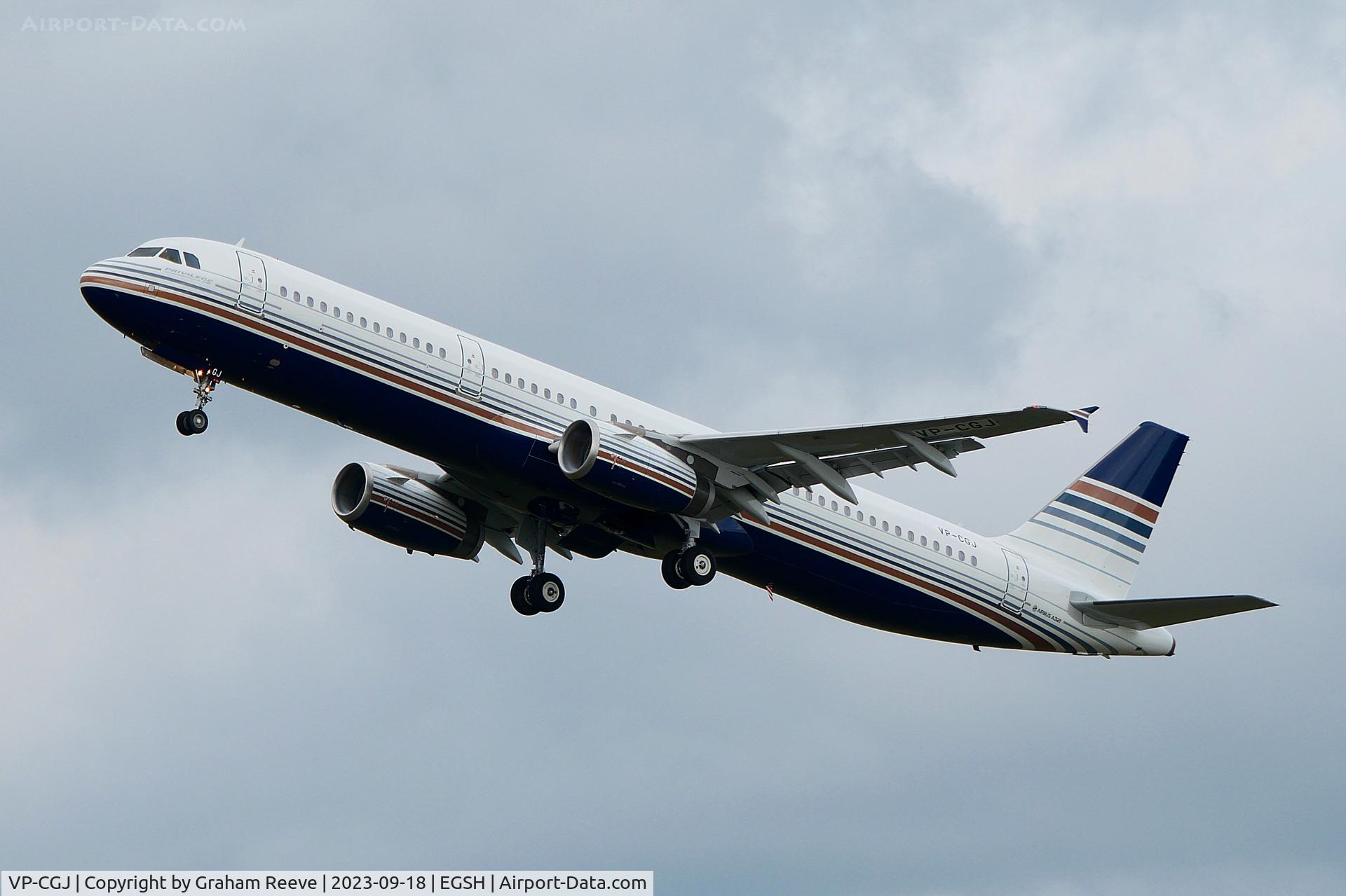 VP-CGJ, Airbus A321-200 C/N 5350, Departing from Norwich.