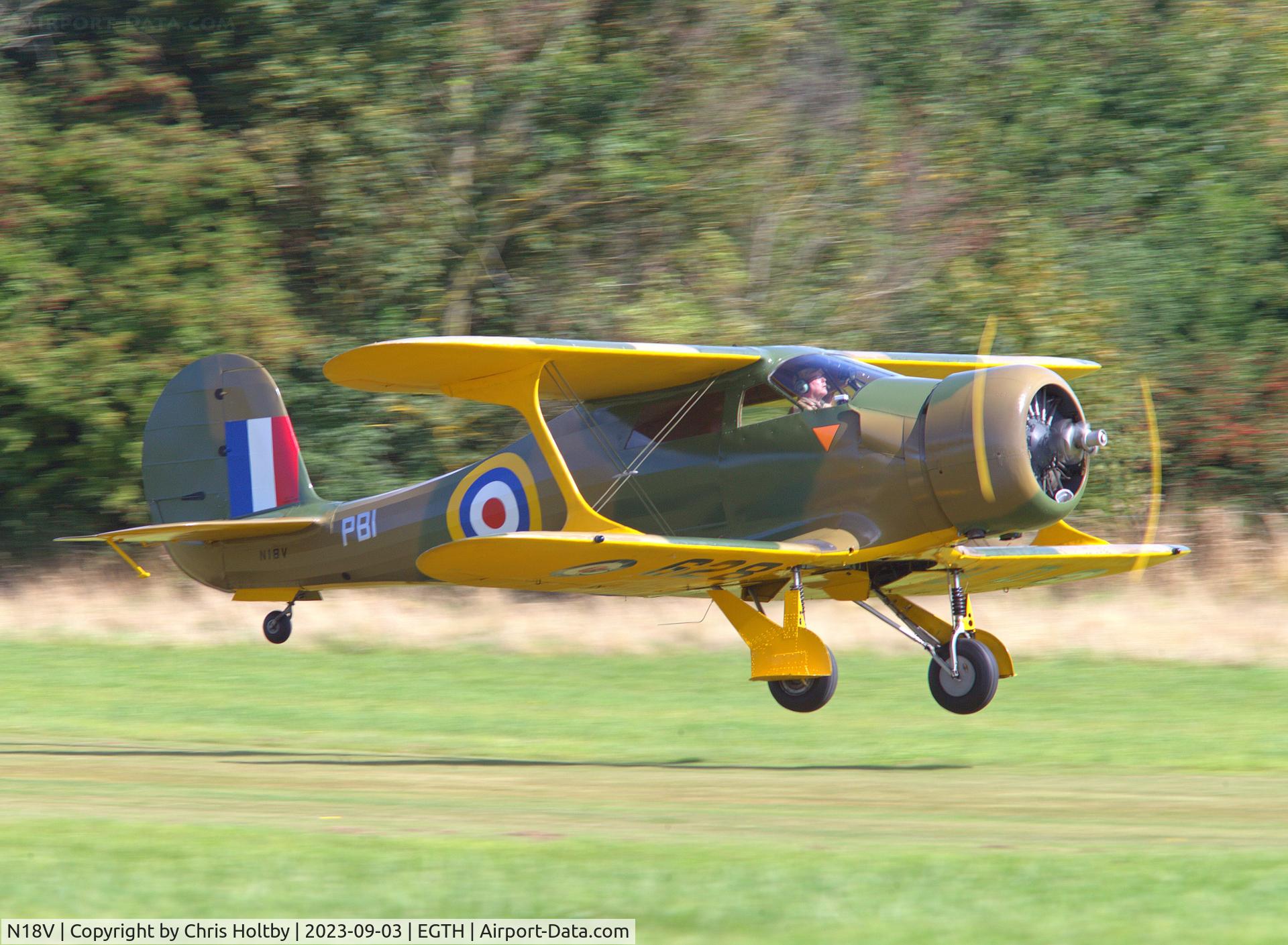 N18V, 1944 Beech D17S Staggerwing C/N 6869, Taking off from Old Warden at the Vintage Airshow 2023