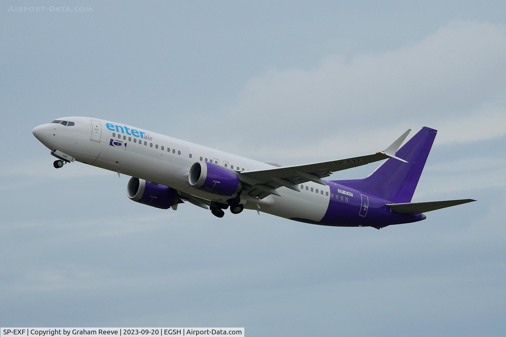 SP-EXF, 2019 Boeing 737-8MAX C/N 61862, Departing from Norwich.