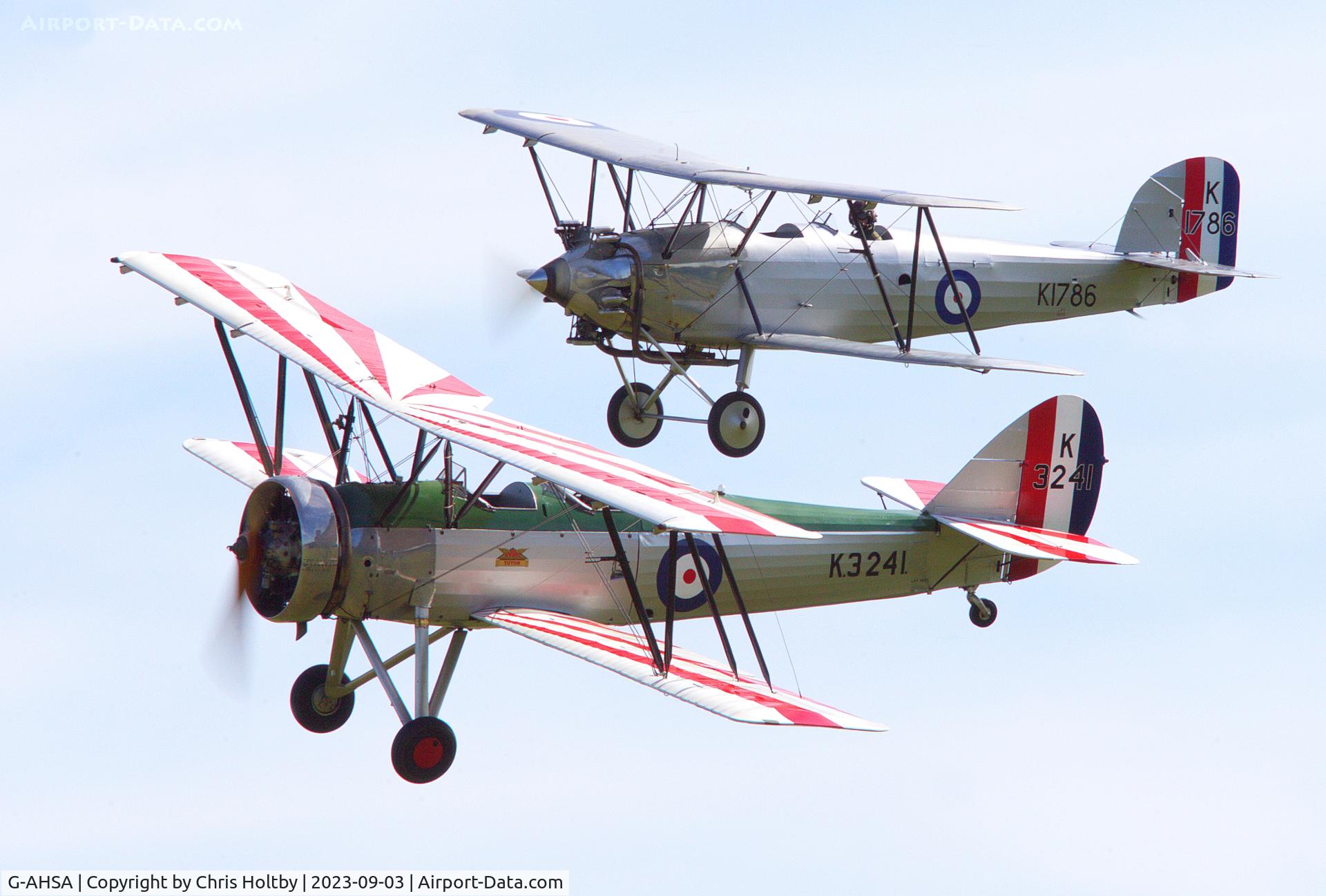 G-AHSA, 1933 Avro 621 Tutor C/N K3215, Tutor & Tomtit paired up for a swoop past the crowds at Old Warden's Vintage Airshow 2023