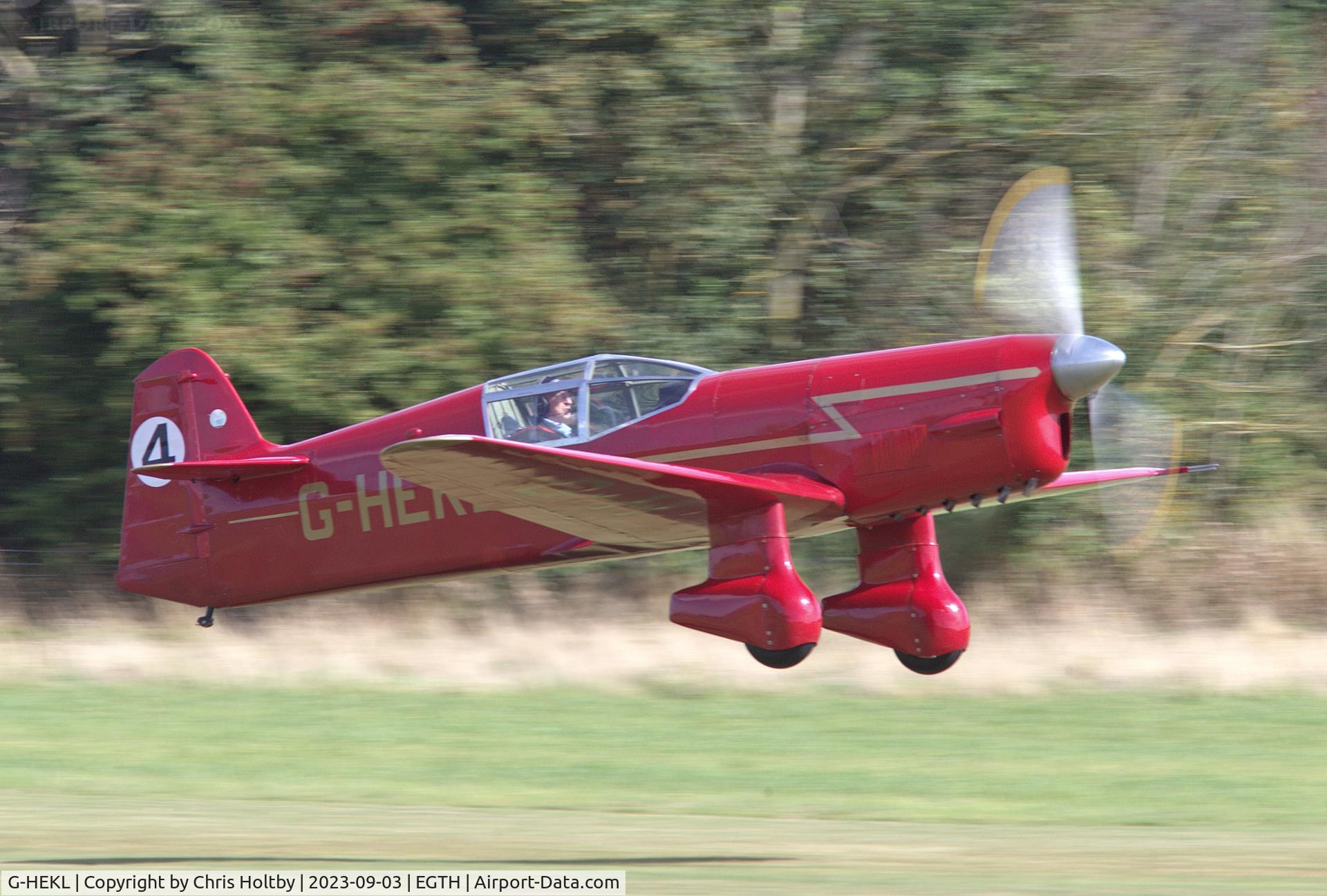 G-HEKL, 2008 Percival Mew Gull replica C/N PFA 013-14759, Mew Gull Replica taking off at the Vintage Airshow, Old Warden 2023