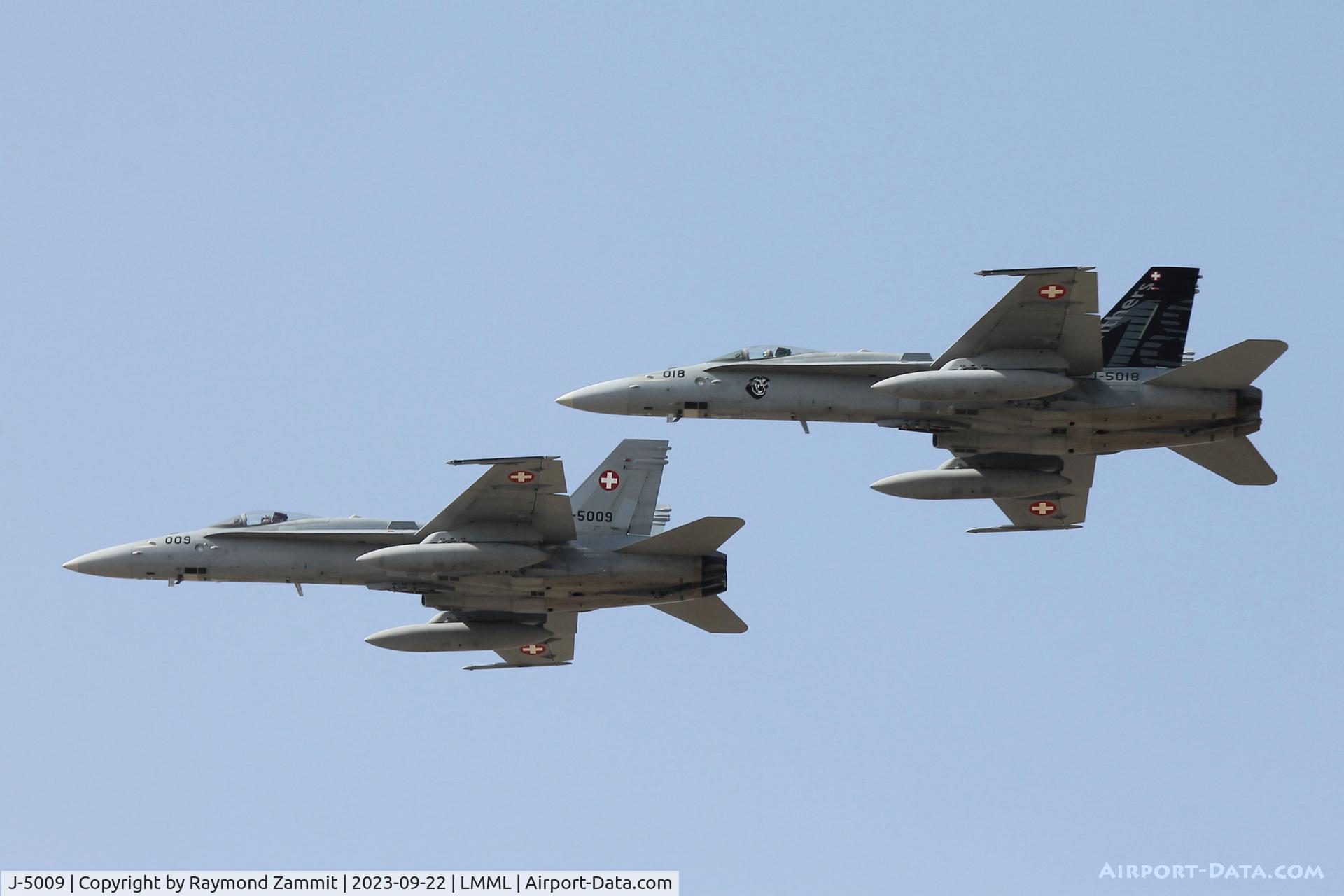 J-5009, McDonnell Douglas F/A-18C Hornet C/N 1343/SFC009, McDonnell Douglas F/A-18C Hornets J-5009 and J-5018 of the Swiss Air Force participating in the Malta International Airshow 2023.