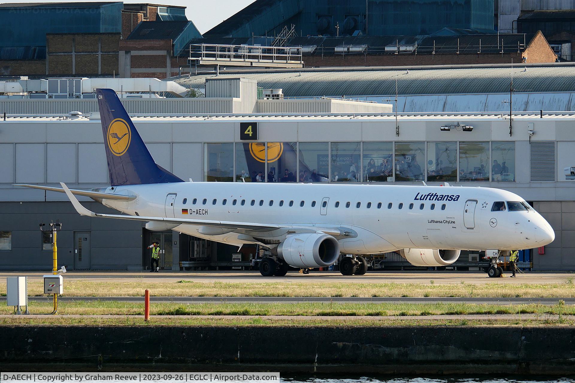 D-AECH, 2010 Embraer 190LR (ERJ-190-100LR) C/N 19000376, Parked at London City Airport.