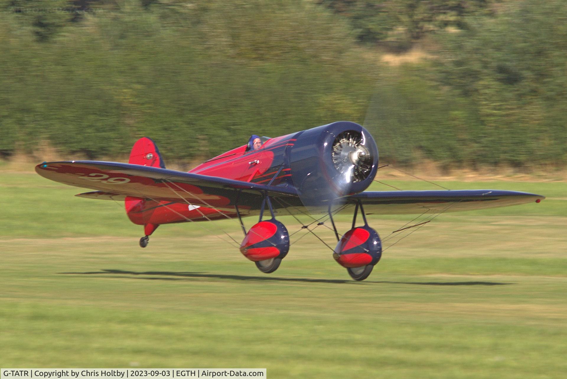 G-TATR, 2012 Travel Air Type R Racer Replica C/N LAA 362-14892, The 'Mystery Ship' replica takes to the air at the Vintage Airshow Old Warden 2023. The original Travel-Air Type R racer dates back to 1929.