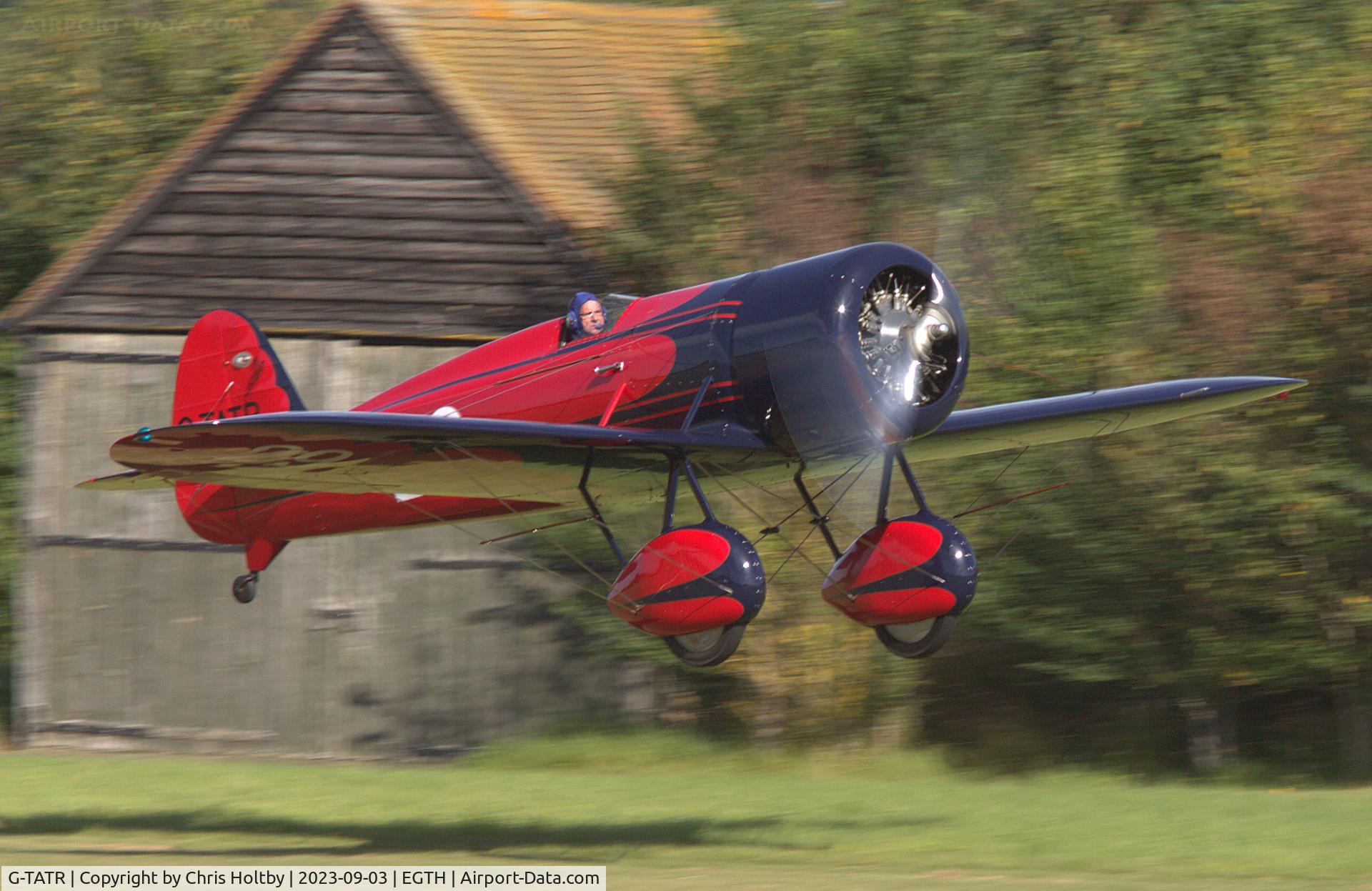 G-TATR, 2012 Travel Air Type R Racer Replica C/N LAA 362-14892, The Travel Air Racer lifts off for the admiring crowds at the Vintage Airshow 2023 at Old Warden