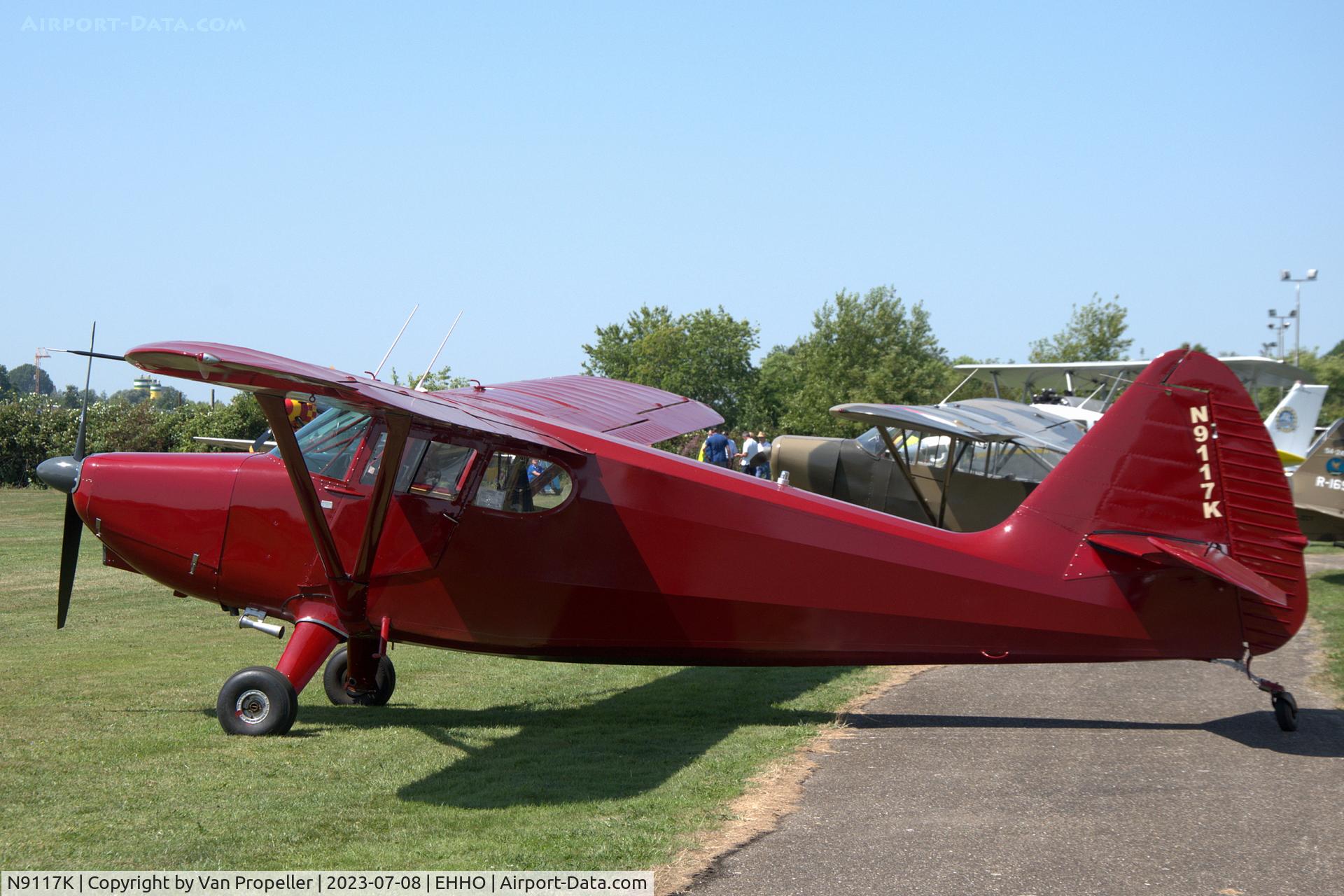 N9117K, 1947 Universal Stinson 108-1 C/N 108-2117, Stinson 108-1 Voyager at Hoogeveen airfield, the Netherlands. Note that its registration moved from fuselage to rudder