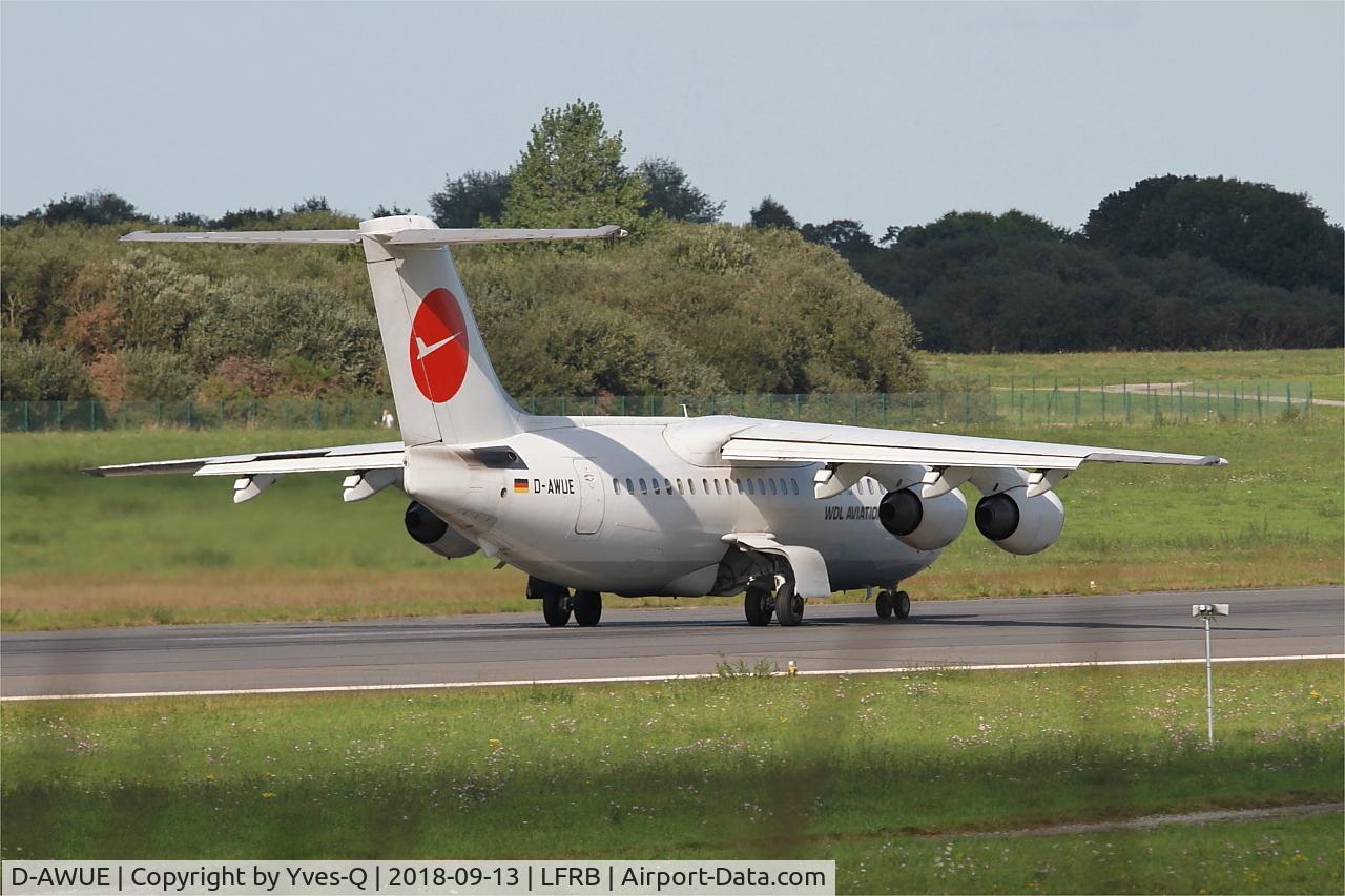 D-AWUE, 1986 British Aerospace BAe.146-200 C/N E2050, British Aerospace BAe.146-200, Take off run rwy 07R, Brest-Bretagne airport (LFRB-BES)