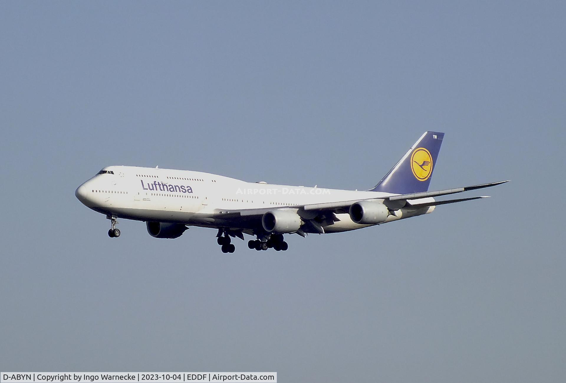 D-ABYN, 2014 Boeing 747-830 C/N 37838, Boeing 747-830 of Lufthansa on final approach to Frankfurt-Main airport