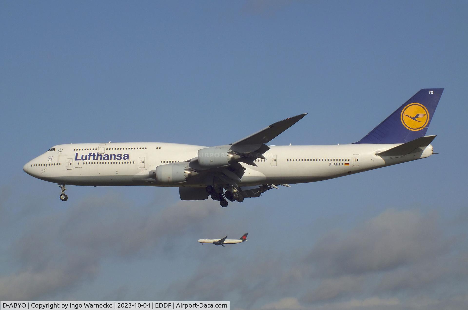 D-ABYO, 2014 Boeing 747-830 C/N 37841, Boeing 747-830 of Lufthansa on final approach to Frankfurt-Main airport
