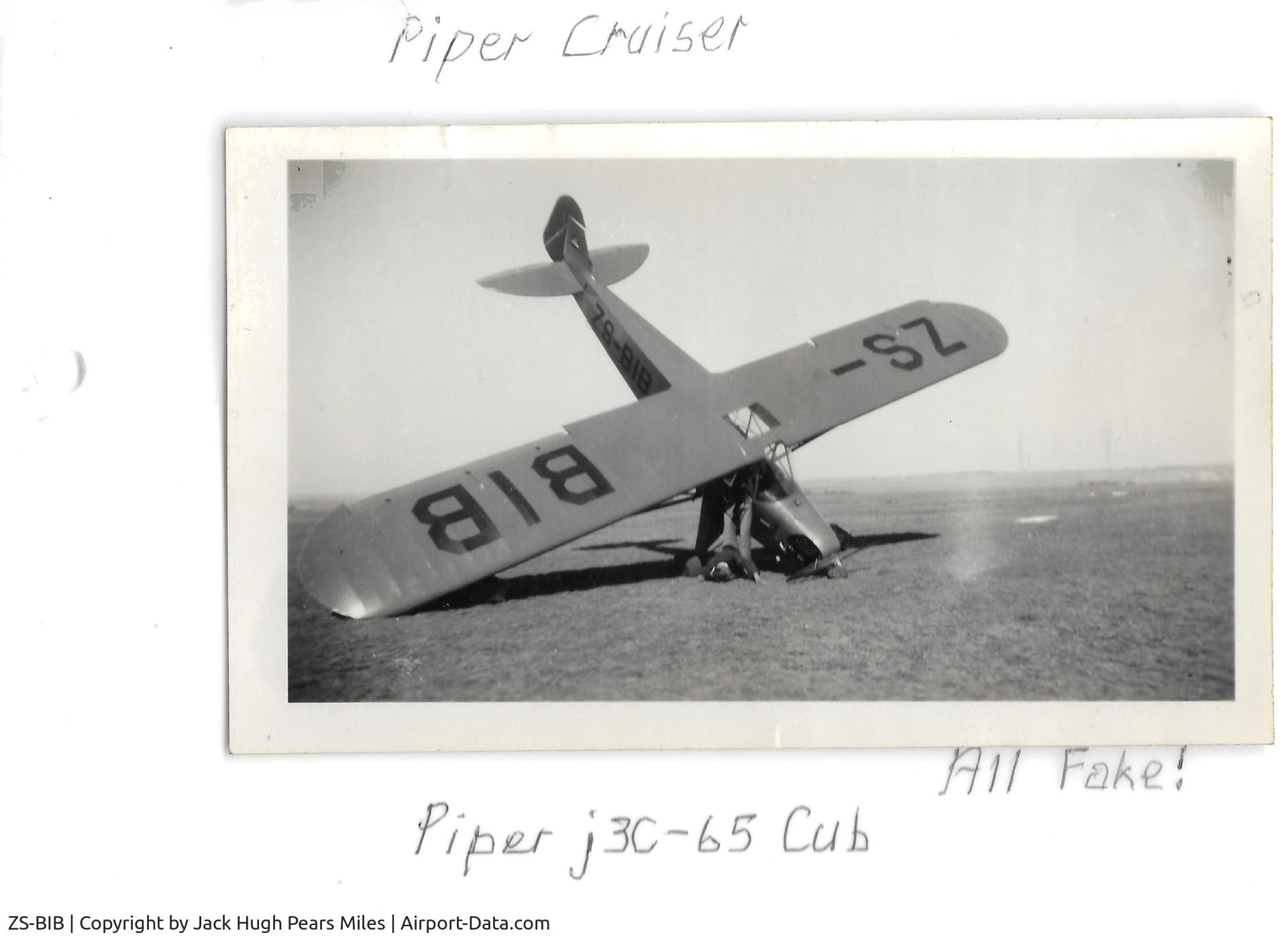 ZS-BIB, 1945 Piper J3C-65 Cub Cub C/N 20119, Faked Accident. Photo from my late father's photo album.
I think the photo was taken in Kroonstad in South Africa.