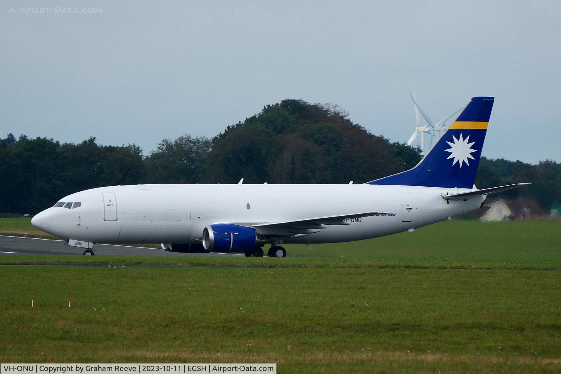 VH-ONU, 1998 Boeing 737-3U3 C/N 28732, Just landed at Norwich.