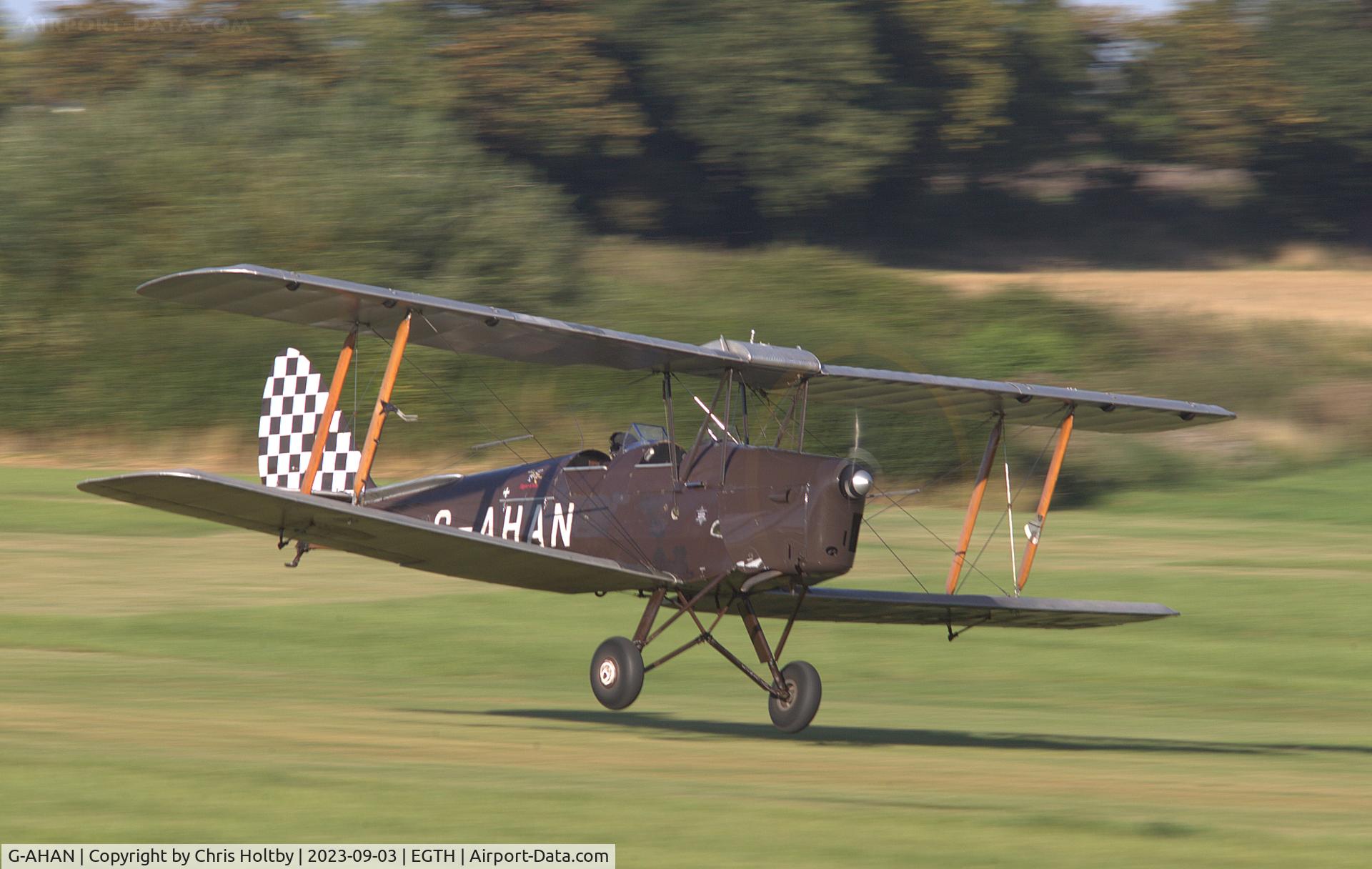 G-AHAN, 1944 De Havilland DH-82A Tiger Moth II C/N 86553, Bit of a bumpy landing at Old Warden during the Vintage Airshow 2023
