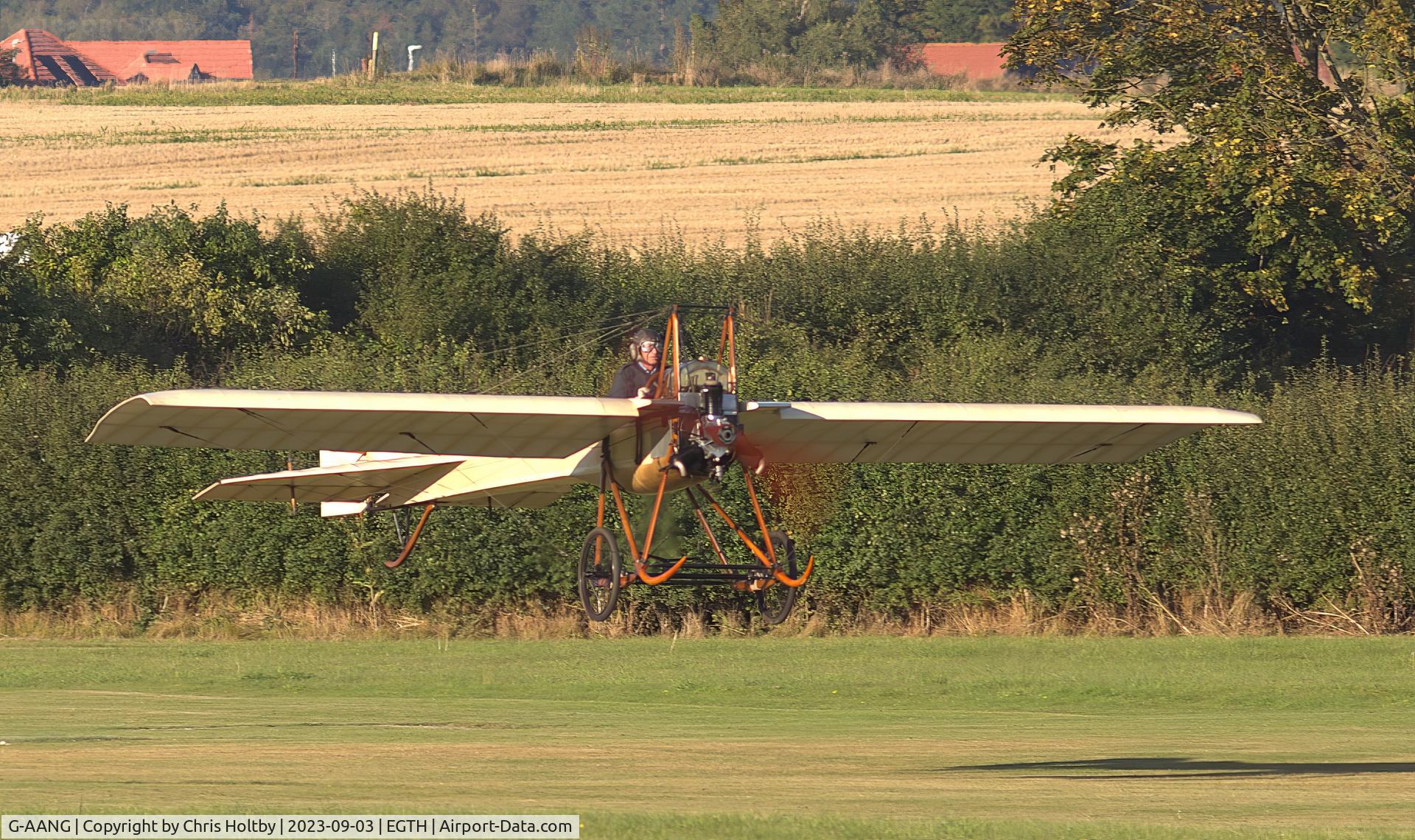 G-AANG, 1911 Bleriot Type XI C/N 14, She flies! Admittedly not very high and not very far but the Bleriot lifts off for the crowds at the VIntage Airshow at Old Warden 2023.