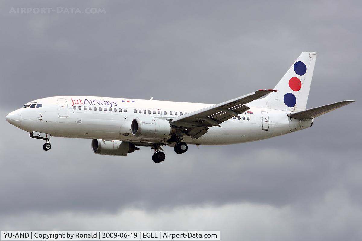 YU-AND, 1985 Boeing 737-3H9 C/N 23329/1134, at lhr