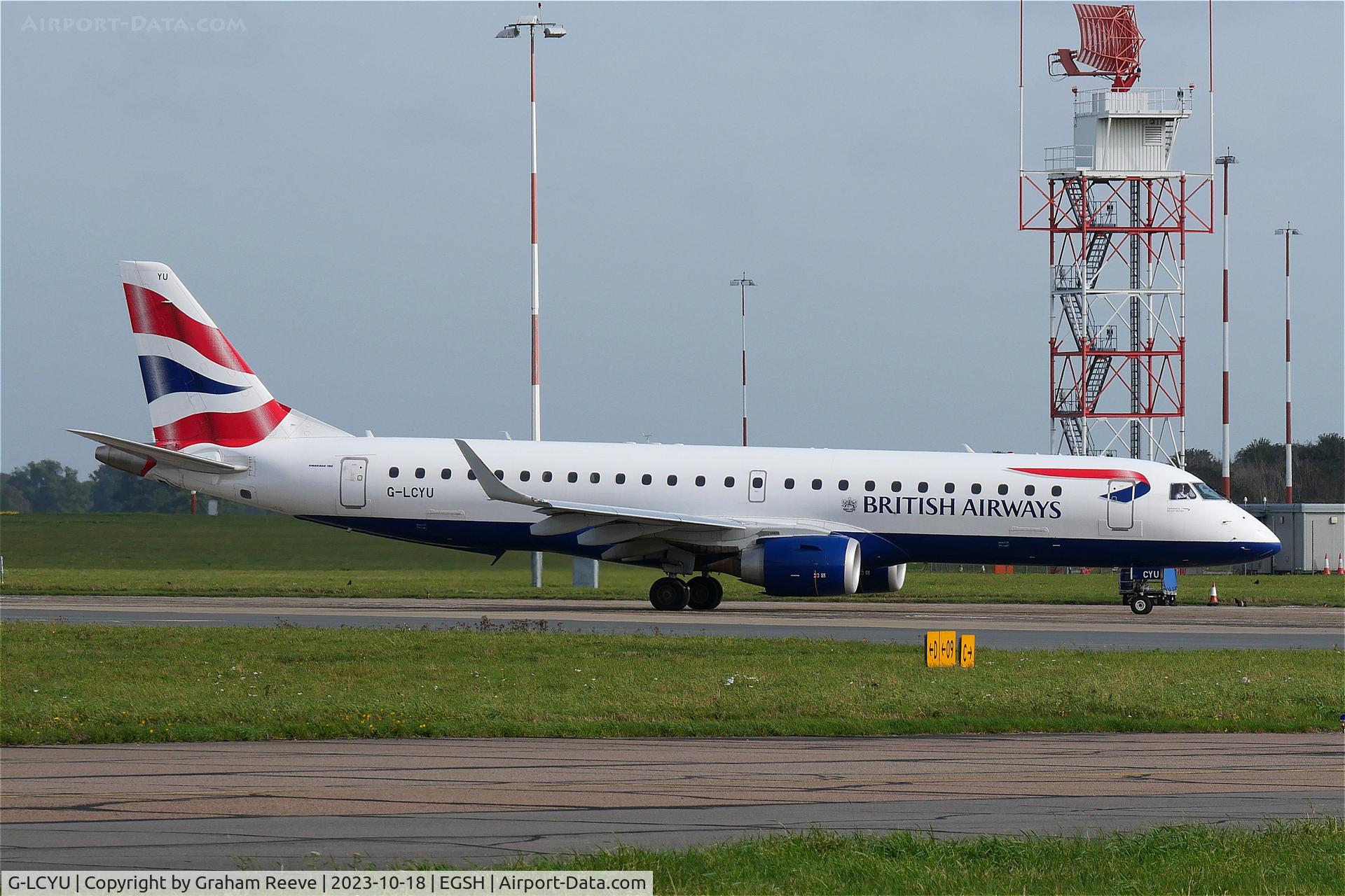 G-LCYU, 2014 Embraer 190SR (ERJ-190-100SR) C/N 19000674, Just landed at Norwich.