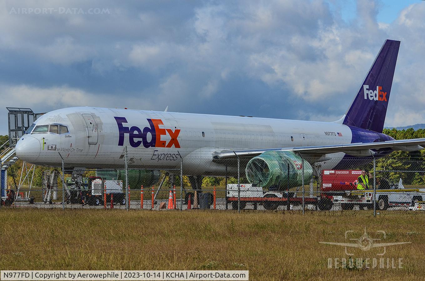N977FD, 1988 Boeing 757-236 C/N 24118, Sitting at the FedEx facility at Chattanooga Airport after a crash landing a few days before due to hydraulic failure. The 757 has been returned to its feet. Engines wrapped in plastic. It awaits its fate.