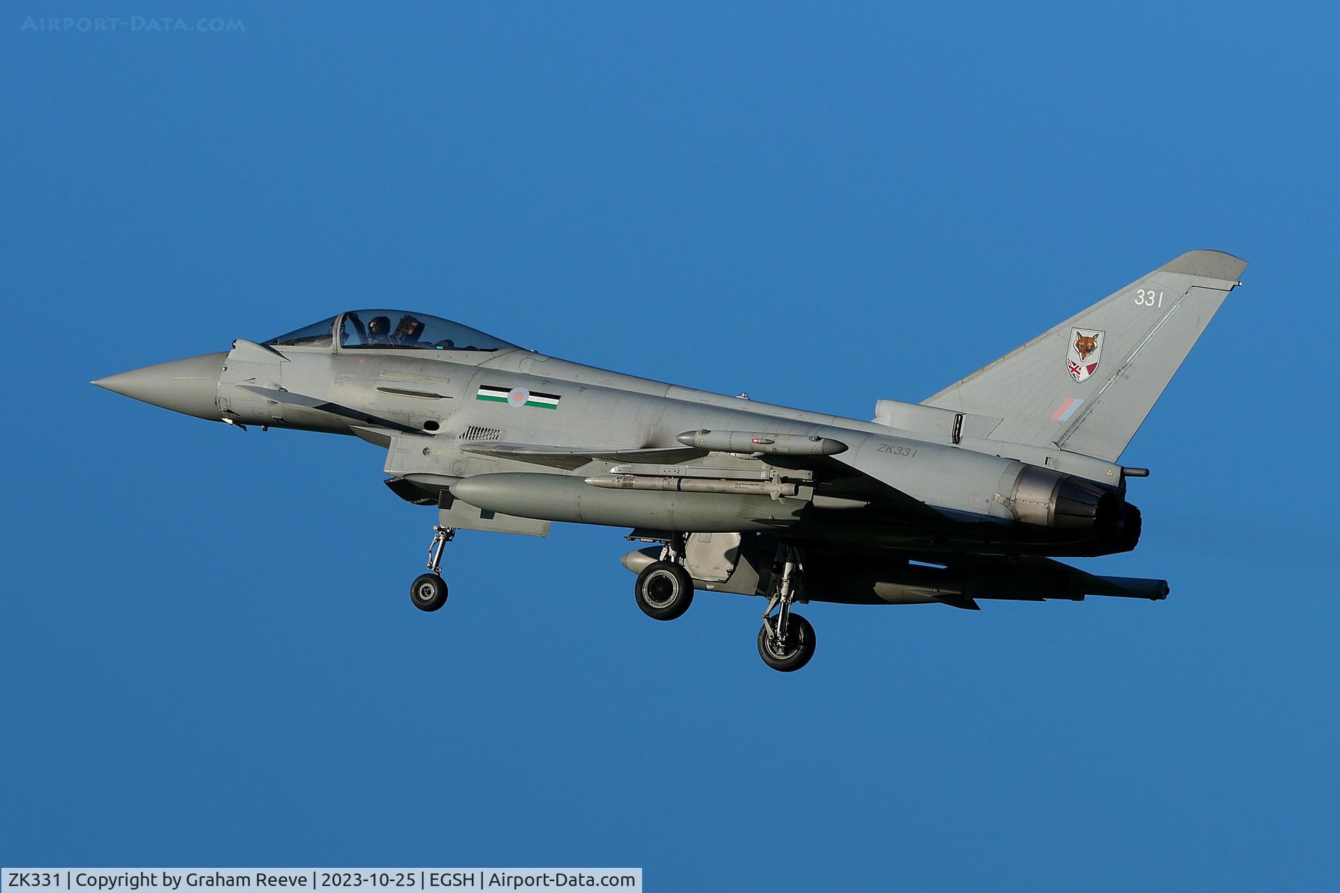ZK331, 2011 Eurofighter EF-2000 Typhoon FGR4 C/N BS092/343, Departing from Norwich.