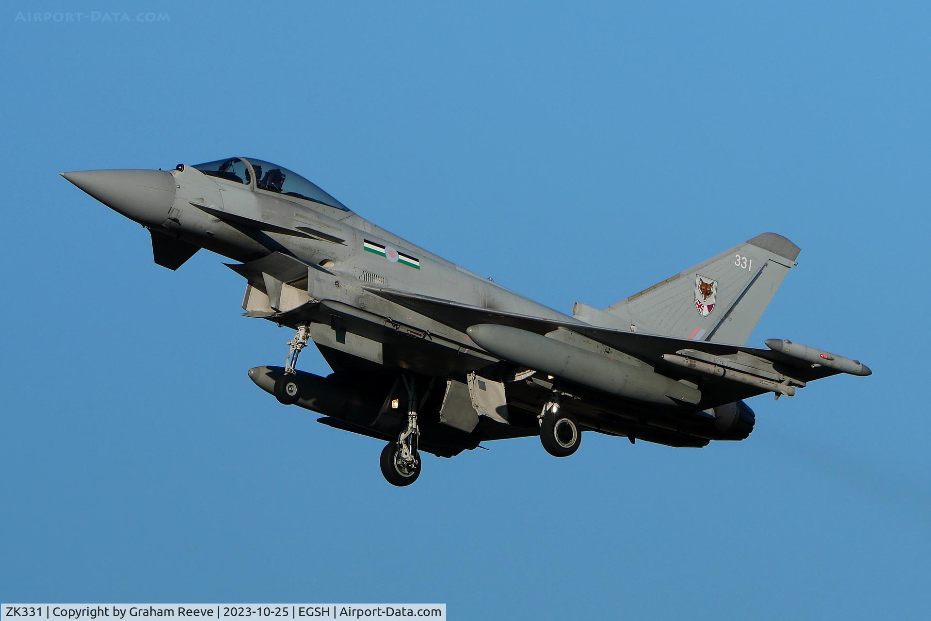 ZK331, 2011 Eurofighter EF-2000 Typhoon FGR4 C/N BS092/343, Departing from Norwich.