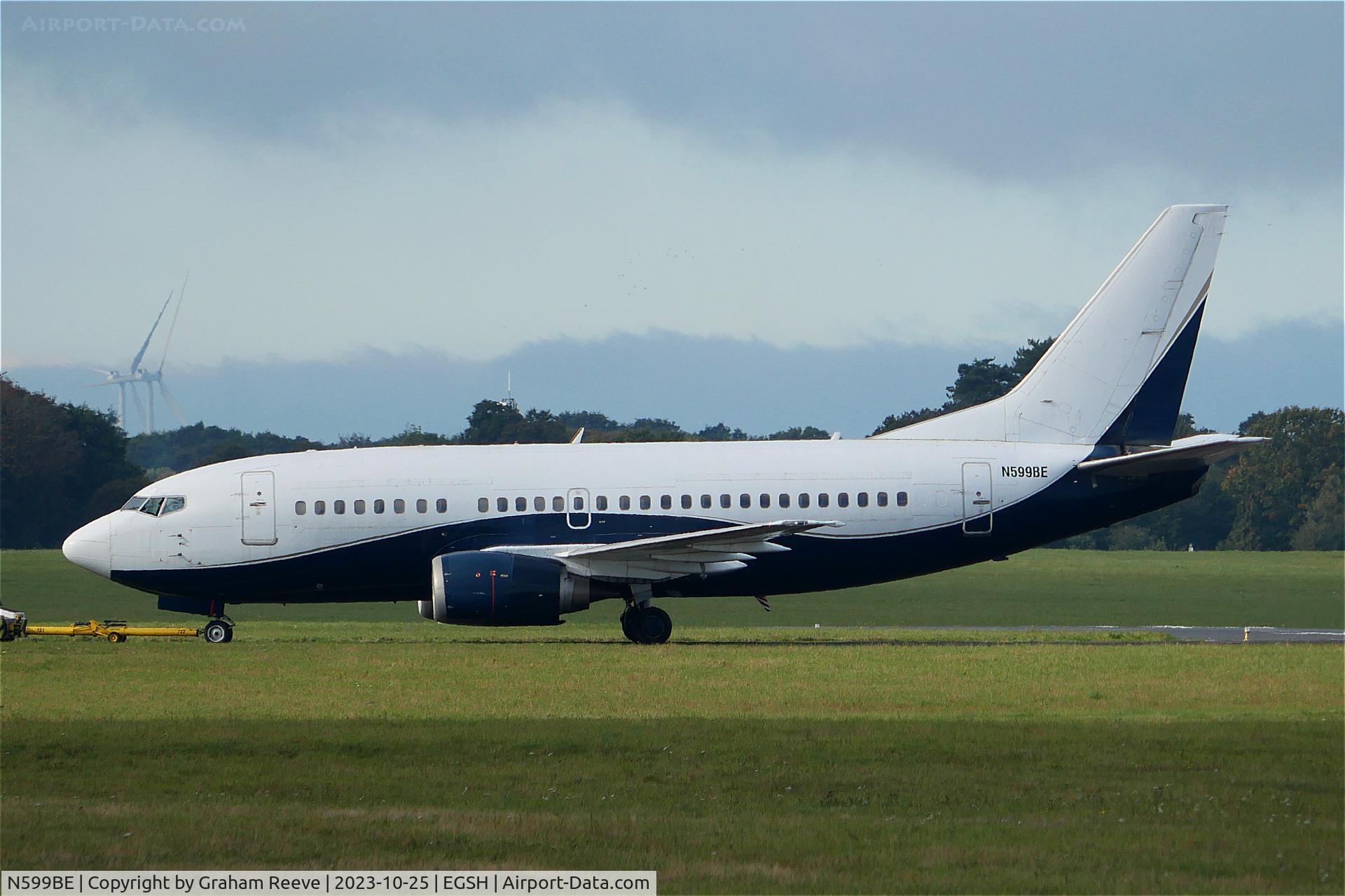 N599BE, 1991 Boeing 737-505 C/N 24274, Under tow at Norwich.
