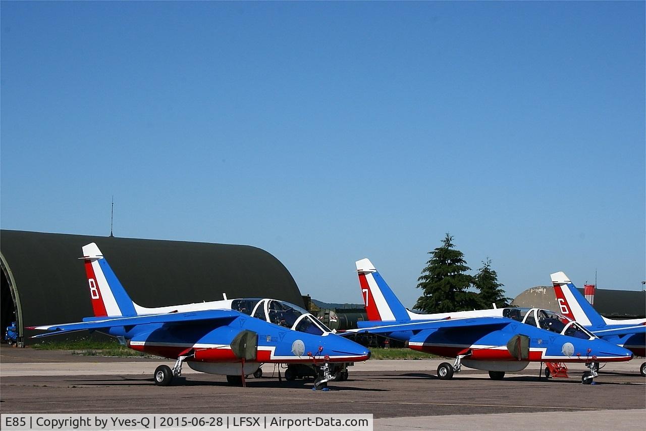 E85, Dassault-Dornier Alpha Jet E C/N E85, Dassault-Dornier Alpha Jet E (F-UGFF), Athos 08 of Patrouille de France 2015, Flight line,  Luxeuil-St Sauveur Air Base 116 (LFSX)