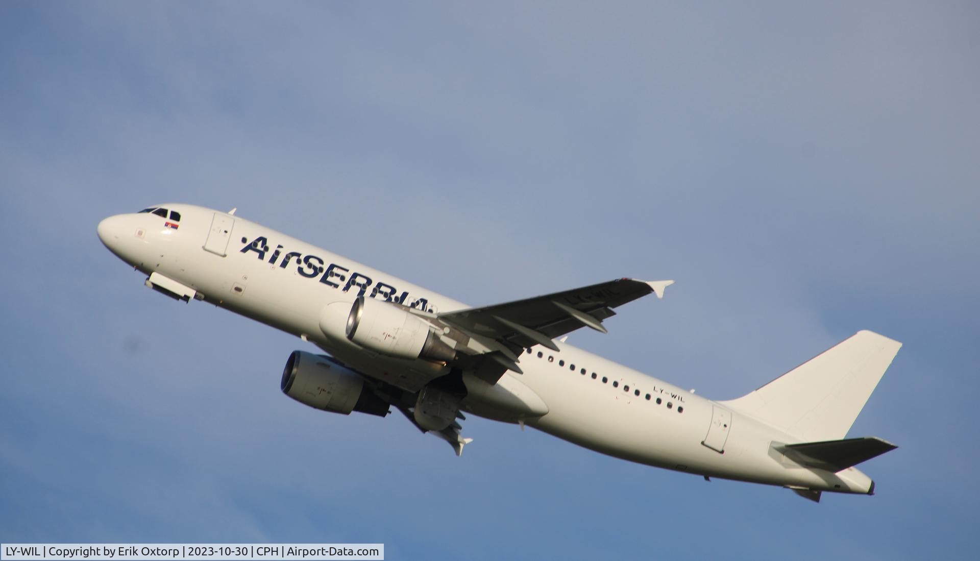 LY-WIL, 2007 Airbus A320-214 C/N 3138, LY-WIL taking off rw 22L. Now with Air Serbia titles.