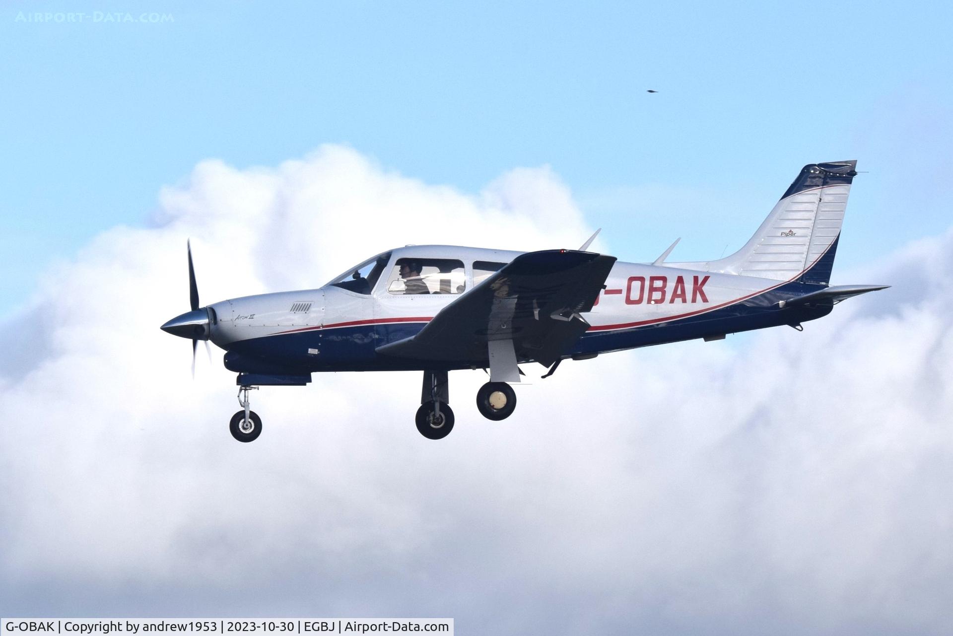 G-OBAK, 1977 Piper PA-28R-201T Cherokee Arrow III C/N 28R-7703054, G-OBAK at Gloucestershire Airport.