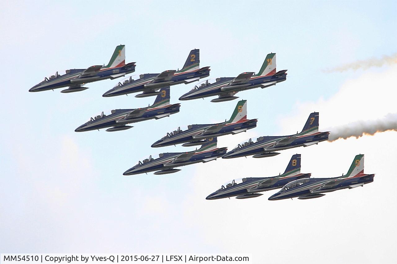 MM54510, Aermacchi MB-339PAN C/N 6726/121/AA058, Aermacchi MB-339PAN, N°1 of Frecce Tricolori Aerobatic Team 2015, On display, Luxeuil-Saint Sauveur Air Base 116 (LFSX)