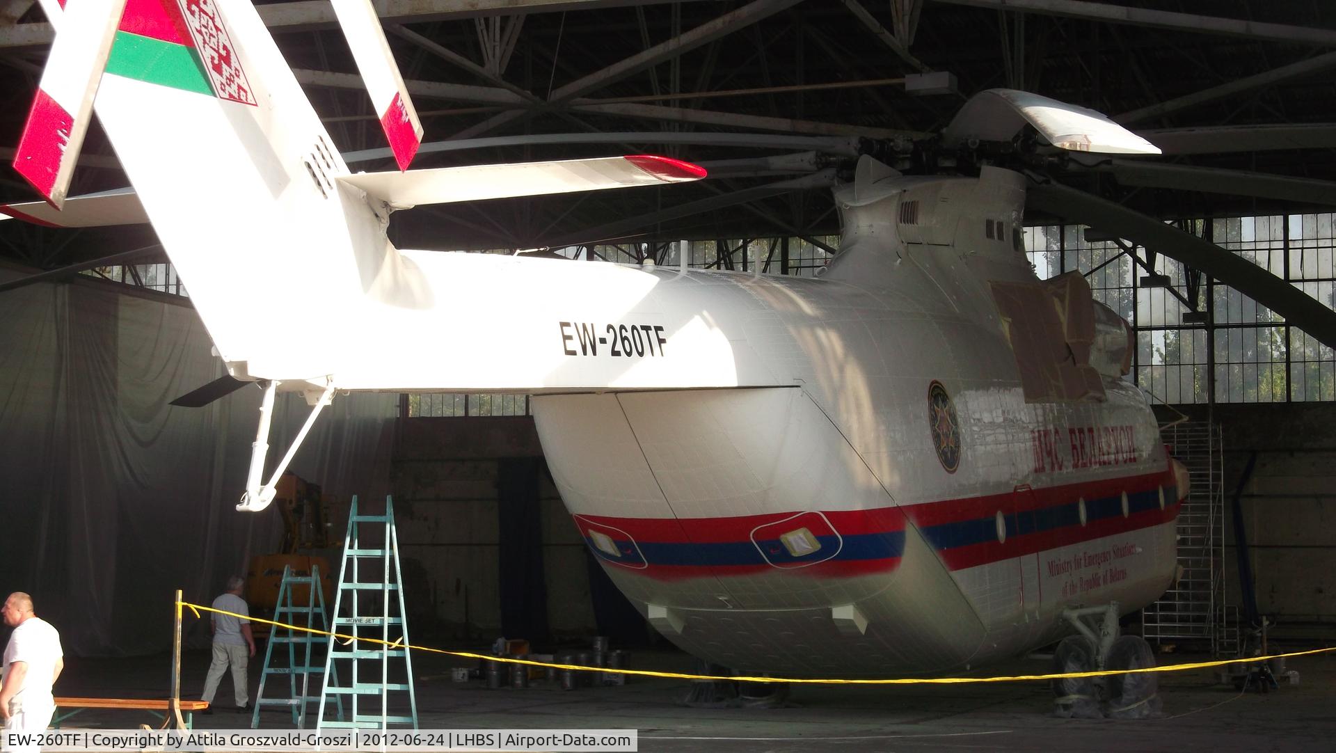 EW-260TF, Mil Mi-26T Halo C/N 34001212465, A helicopter arrived for the Hungarian shooting of the movie Die Hard 5, in the hangar of the Budaörs airport, waiting for repainting.