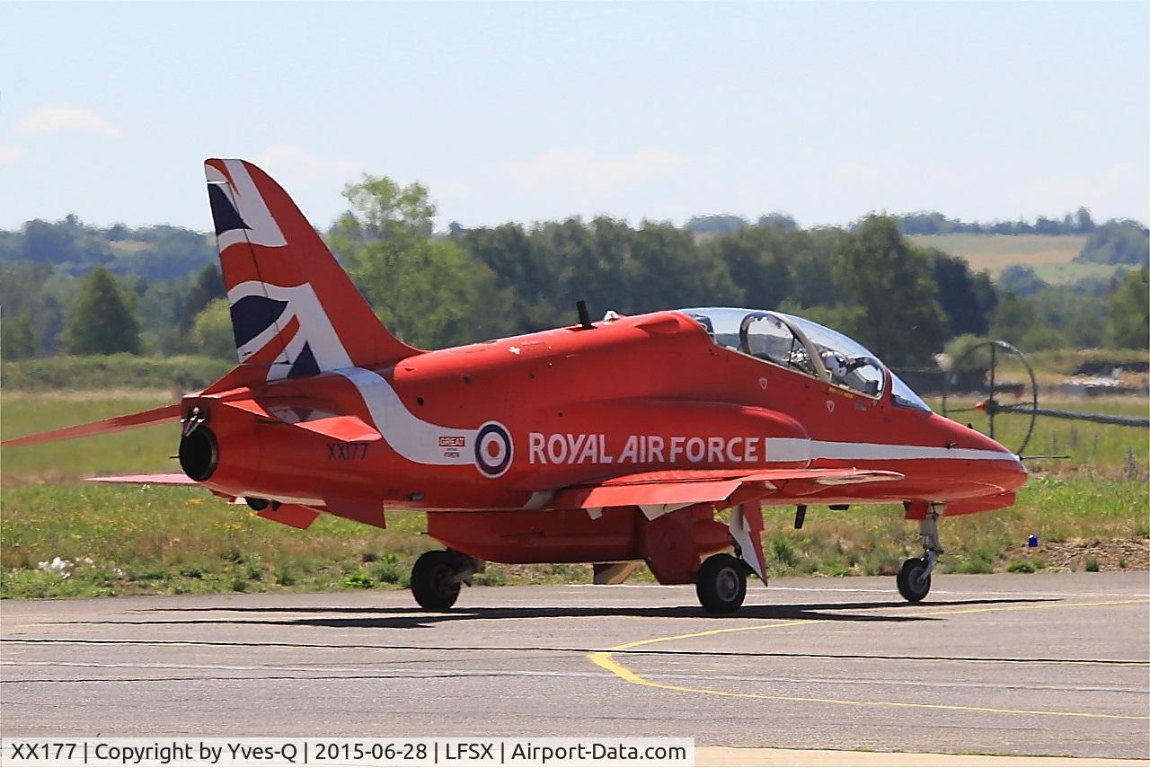 XX177, 1977 Hawker Siddeley Hawk T.1 C/N 024/312024, Red Arrows Hawker Siddeley Hawk T.1, Flight line, Luxeuil-St Sauveur Air Base 116 (LFSX)
