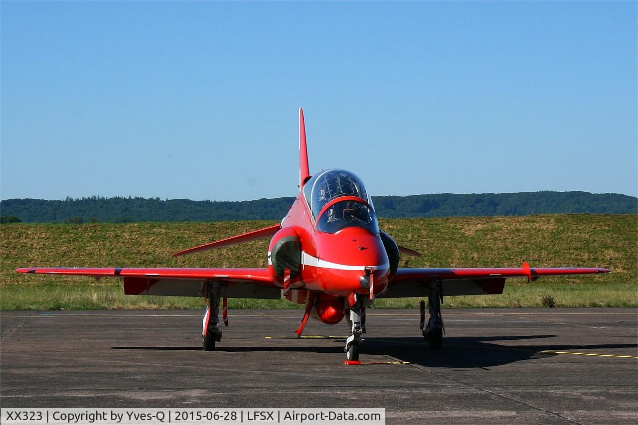 XX323, 1980 Hawker Siddeley Hawk T.1 C/N 167/312148, Red Arrows Hawker Siddeley Hawk T.1A, Flight line, Luxeuil-Saint Sauveur Air Base 116 (LFSX)