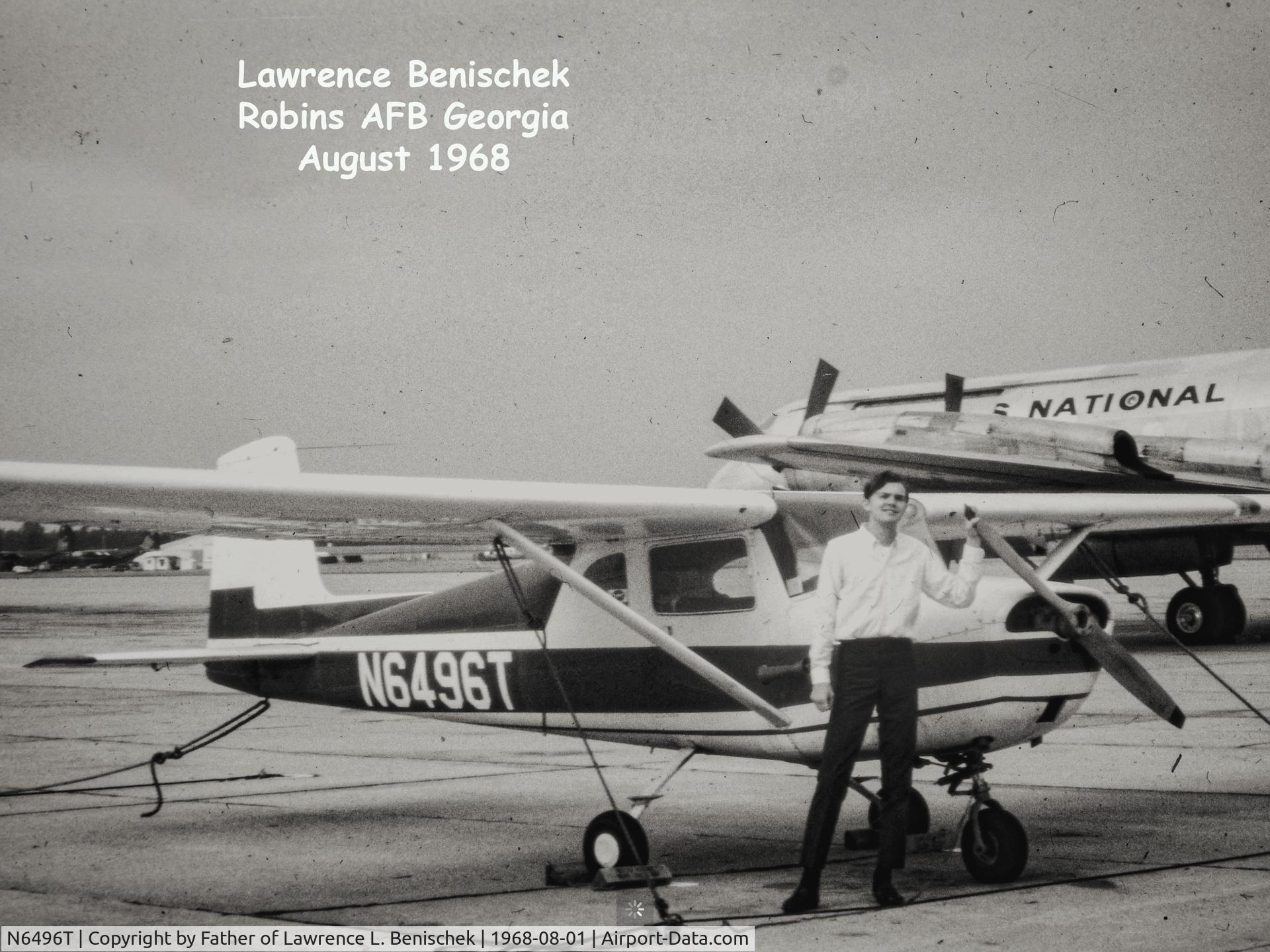 N6496T, 1960 Cessna 150 C/N 17896, Taken at Robbins AFB GA in 1969.  I soloed in this aircraft at Macon Air Port.  This plane belonged to the Robins AFB Aero Club