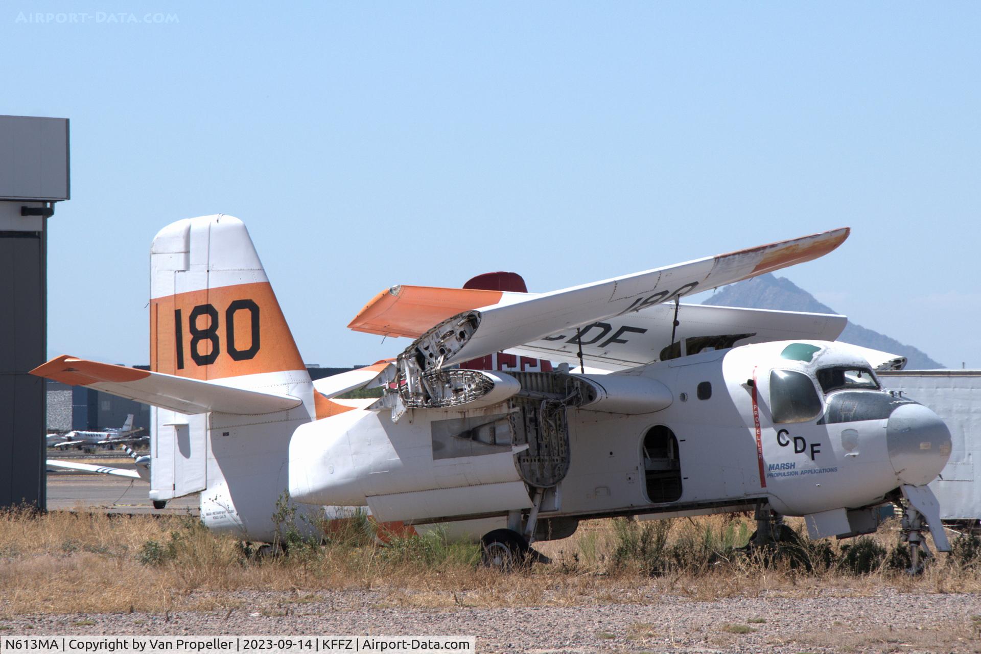 N613MA, 1954 Grumman S2F-1 Tracker C/N 522, Marsh S-2F3AT Turbo Tracker, tanker 180, in derelict state at Falcon Field, Mesa, Arizona