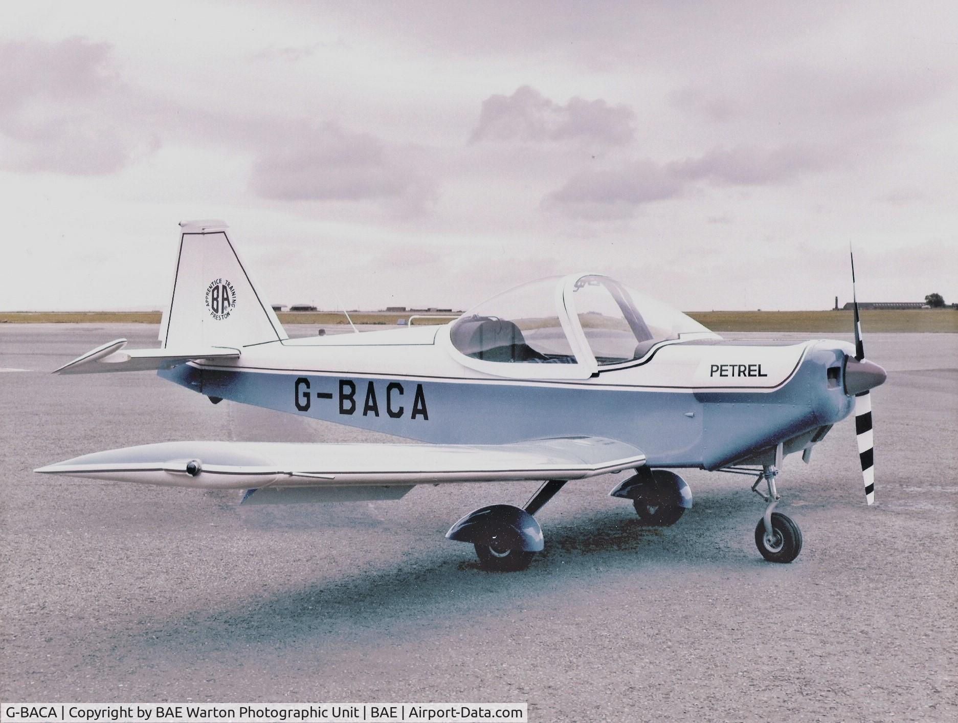 G-BACA, BAC PROCTOR PETREL C/N PFA 1516, Taken shortly after coming out of the Warton spray shop, and before first flight. The spats were later removed due to AUW & CofG problems.  I do not know of any copyright issues. I don't think this photo has been published anywhere previously.