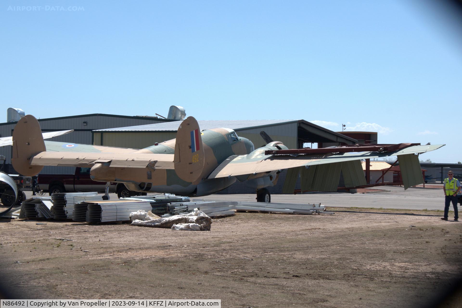 N86492, Lockheed PV-2 Harpoon C/N 15-1473, Lockheed PV-2 Harpoon parked at Falcon Field, Mesa, Arizona. Damaged by debris from damaged hangars two days after a supercell thunderstorm struck at Falcon Field.