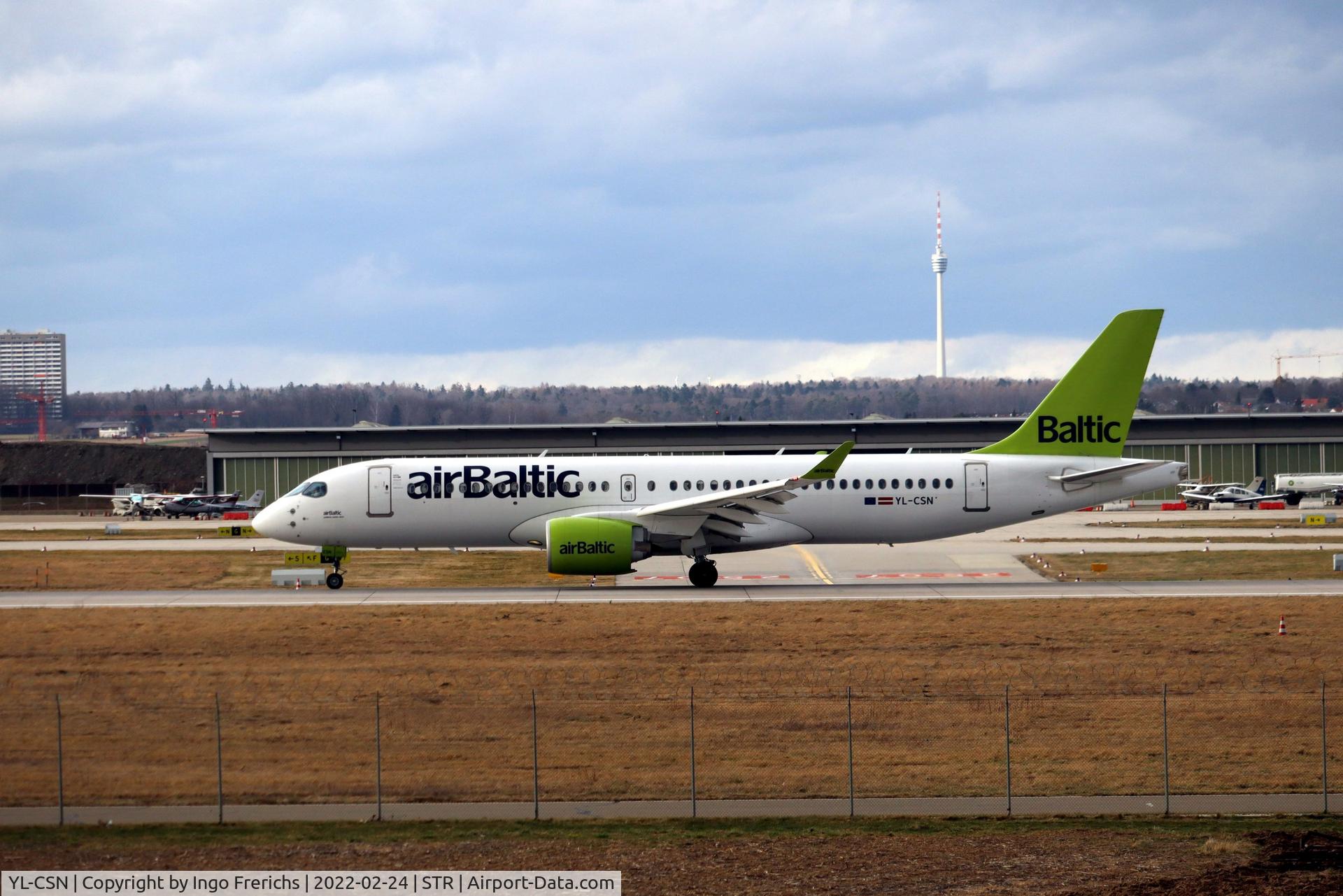YL-CSN, 2018 Airbus A220-300 C/N 55043, Landing at Stuttgart / Echterdingen Airport