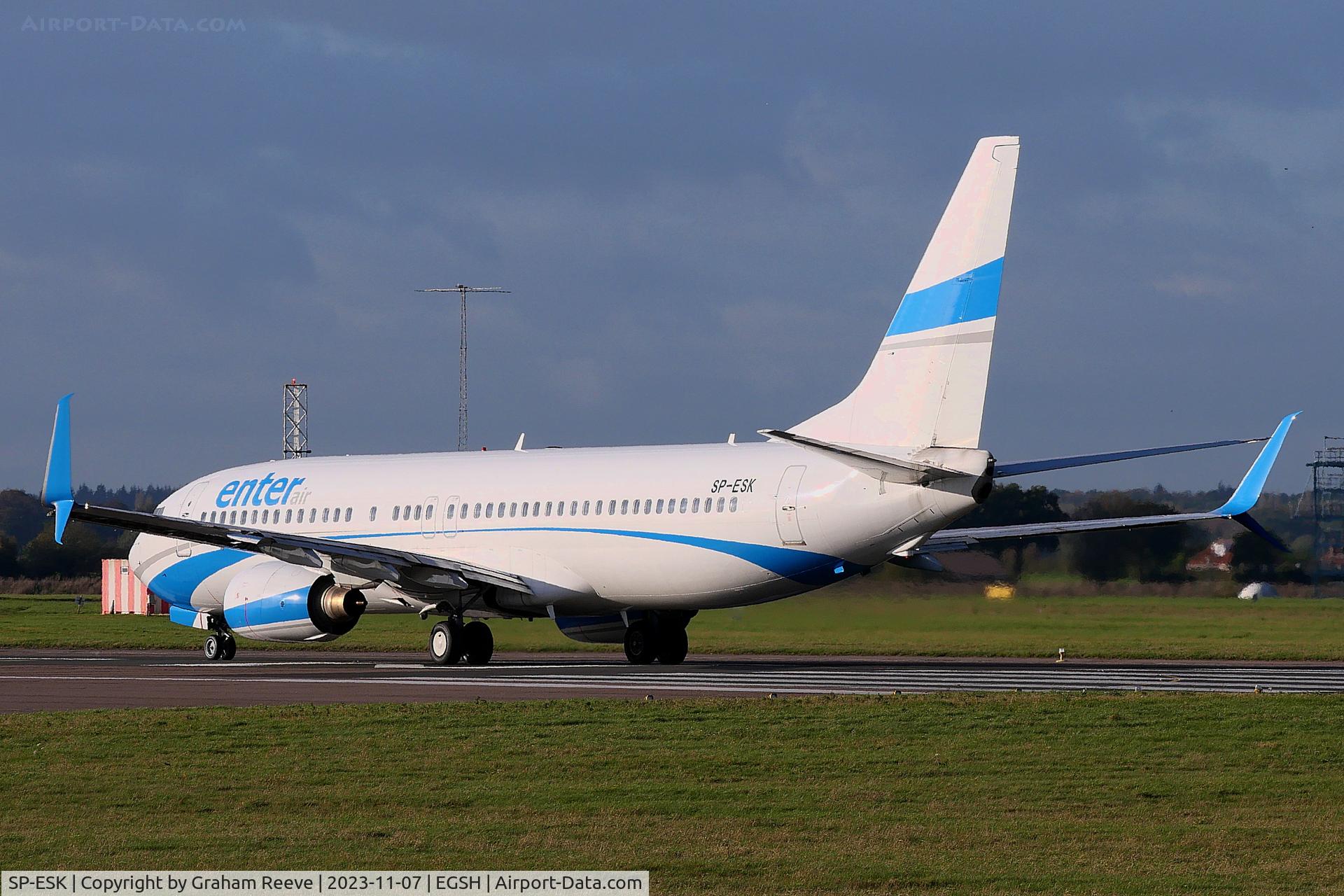 SP-ESK, 2003 Boeing 737-8Q8 C/N 30693, Departing from Norwich.