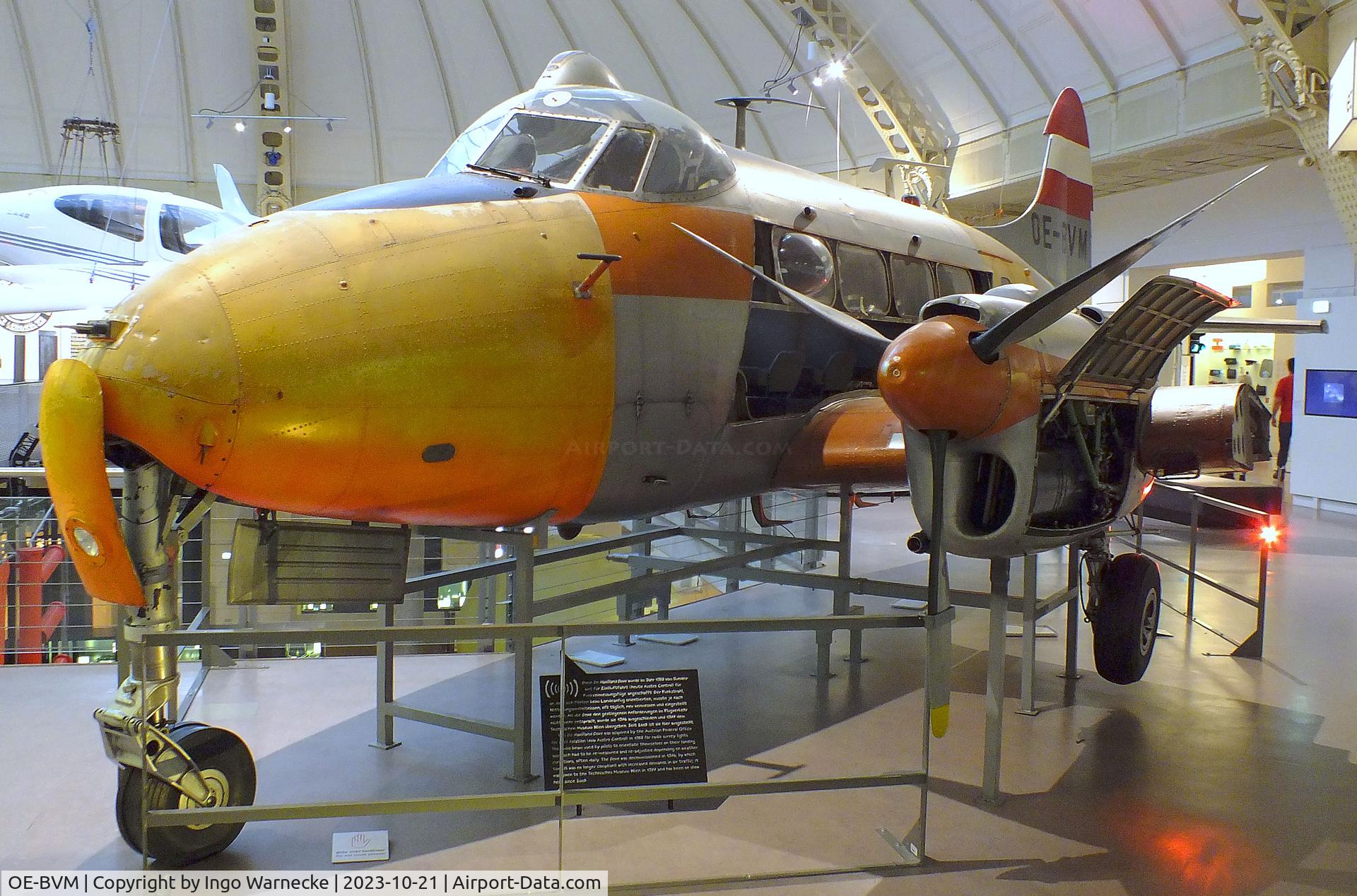 OE-BVM, 1957 De Havilland DH-104 Dove 1 C/N 04488, De Havilland D.H.104 Dove 1 (minus port outer wing / starboard wing and tailplane) at the Technisches Museum Wien (Vienna Technical Museum)