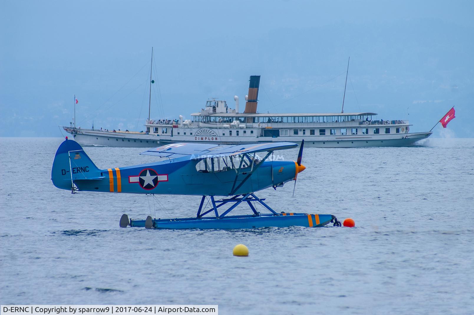 D-ERNC, 1969 Piper PA-18-150 Super Cub Super Cub C/N 18-8777, Seaplane meeting Perroy, Lac Léman. The ship in the background is from 1920.