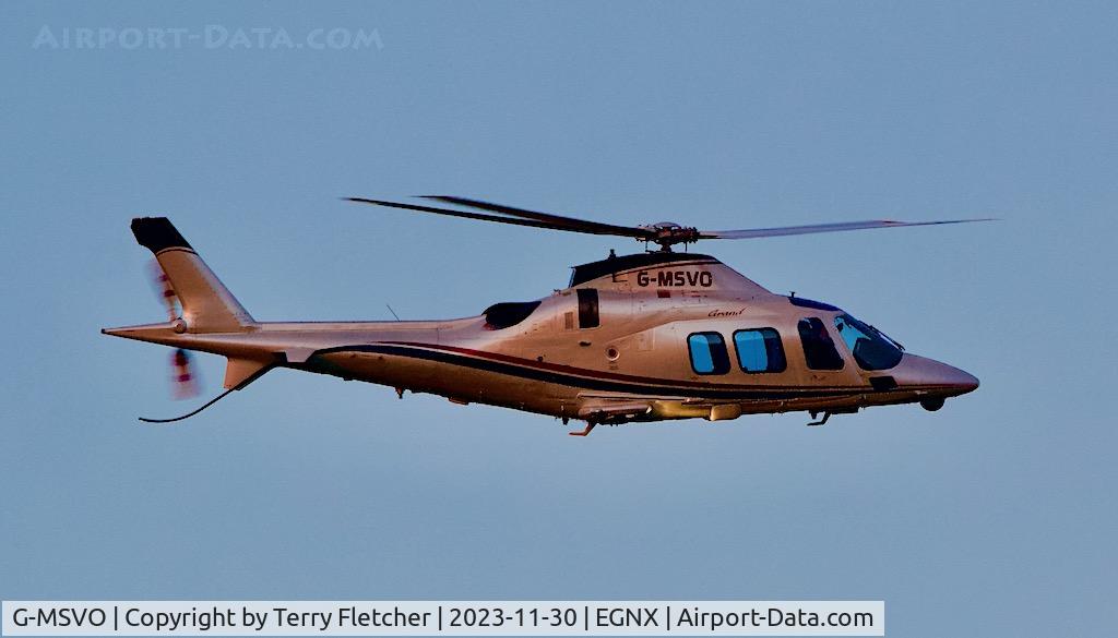 G-MSVO, 2008 Agusta A-109S Grand C/N 22067, Lifts off from Donington Park racetrack , next to East Midlands Airport