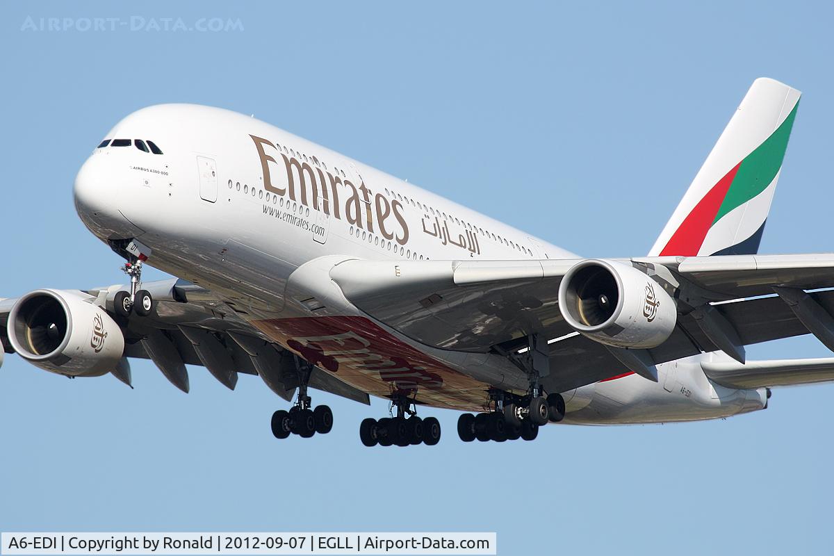 A6-EDI, 2009 Airbus A380-861 C/N 028, at lhr