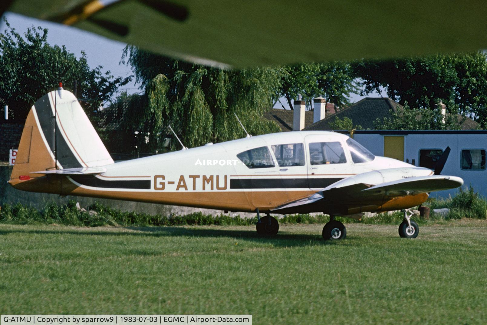 G-ATMU, 1965 Piper PA-23-160 Apache C/N 23-2000, G-registered from 1966-01-11 until 2002-03-06. Seen from HB-OOD. Scanned from a slide.
