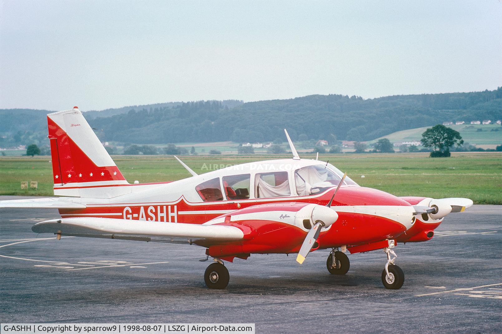 G-ASHH, 1961 Piper PA-23-250 Aztec C/N 27-63, G-registered from 1963-03-25 until 2010-02-16. At Grenchen. Scanned from a slide.