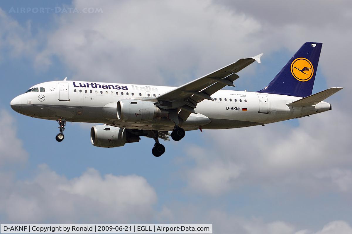 D-AKNF, 1997 Airbus A319-112 C/N 0646, at lhr