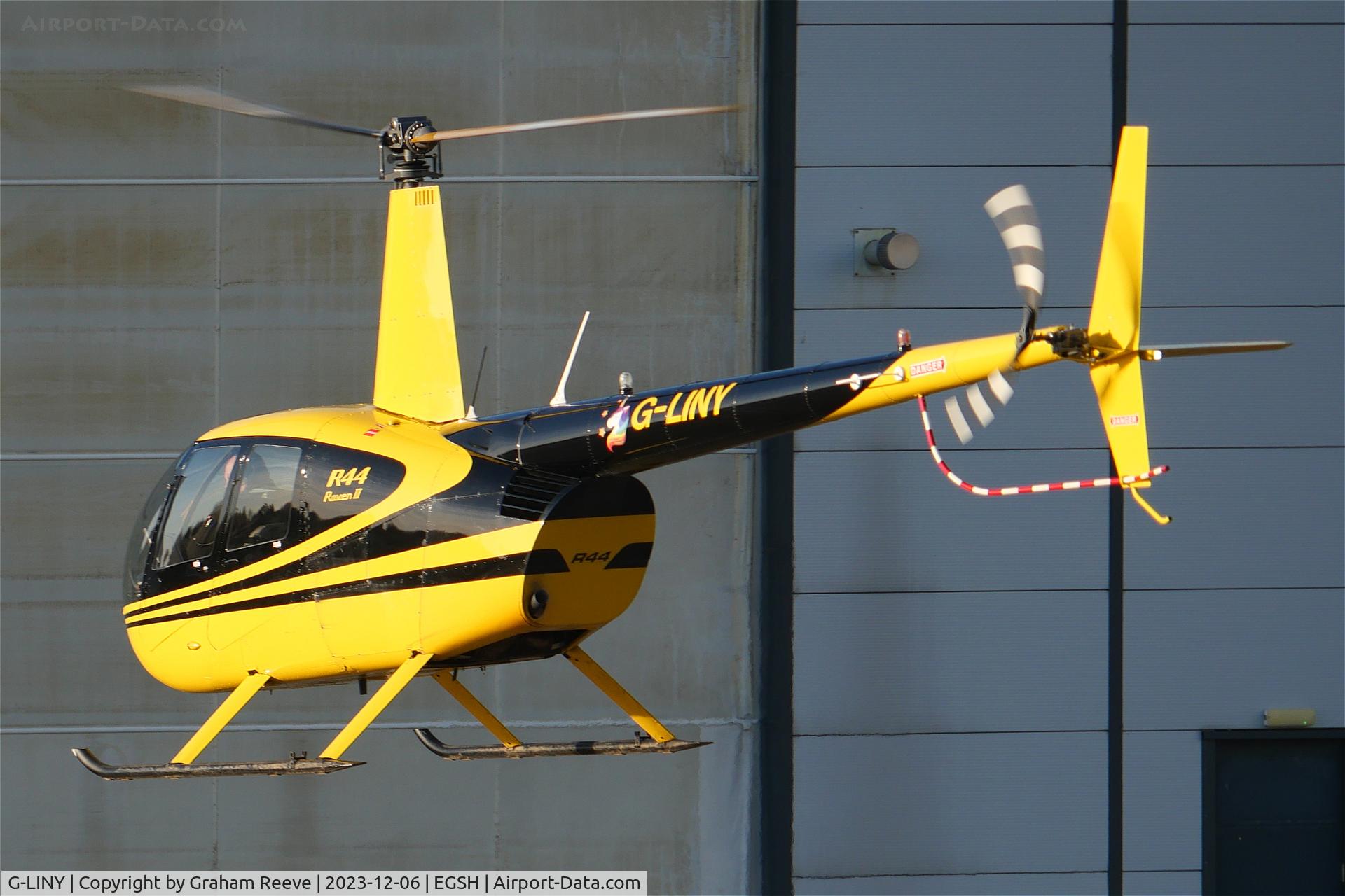 G-LINY, 2008 Robinson R44 Raven II C/N 12356, Landing at Norwich.