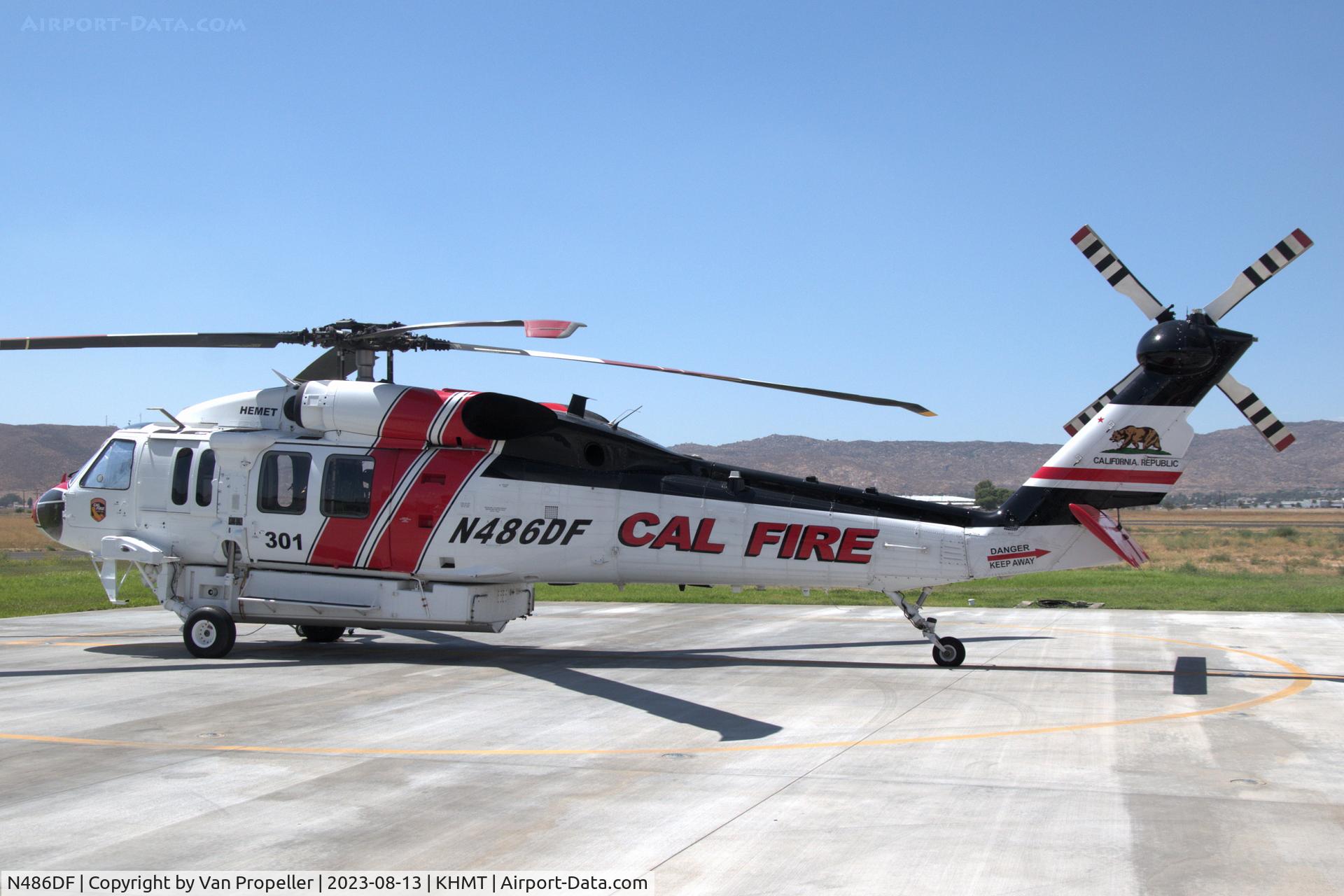 N486DF, Bell 204-B C/N 7090, Sikorsky S-70i Firehawk standing by at Hemet Ryan Airport, California