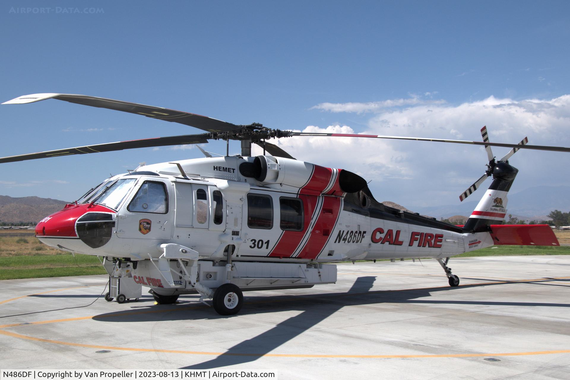N486DF, Bell 204-B C/N 7090, Sikorsky S-70i Firehawk standing by at Hemet Ryan Airport, California