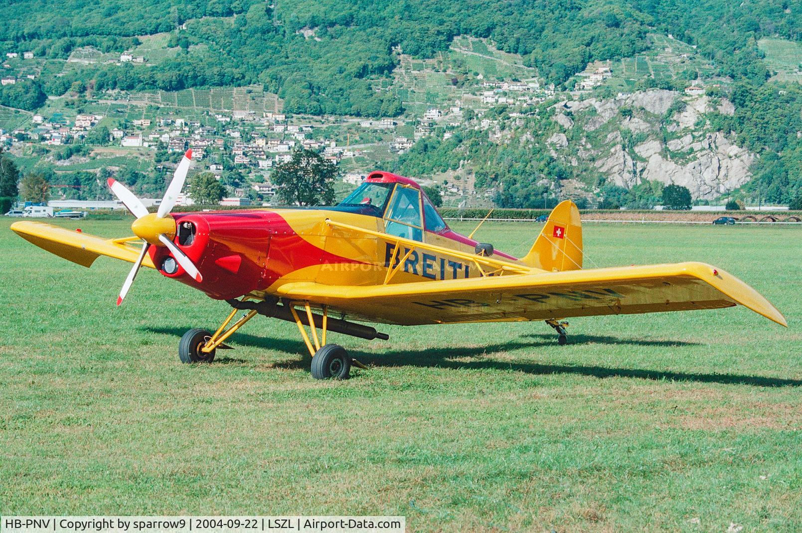 HB-PNV, 1980 Piper PA-25-235 Pawnee C/N 25-8056042, Waiting for another glider-tow. New paint-scheme.HB-registered since 1993-10-22 until 2014-05-30.  Scanned from a slide.