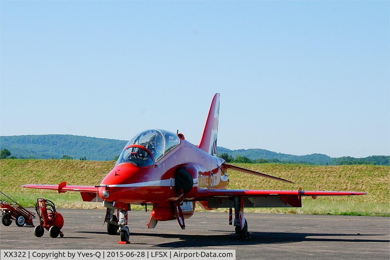 XX322, 1980 Hawker Siddeley Hawk T.1A C/N 165/312147, Red Arrows Hawker Siddeley Hawk T.1A, Flight line, Luxeuil-Saint Sauveur Air Base 116 (LFSX)